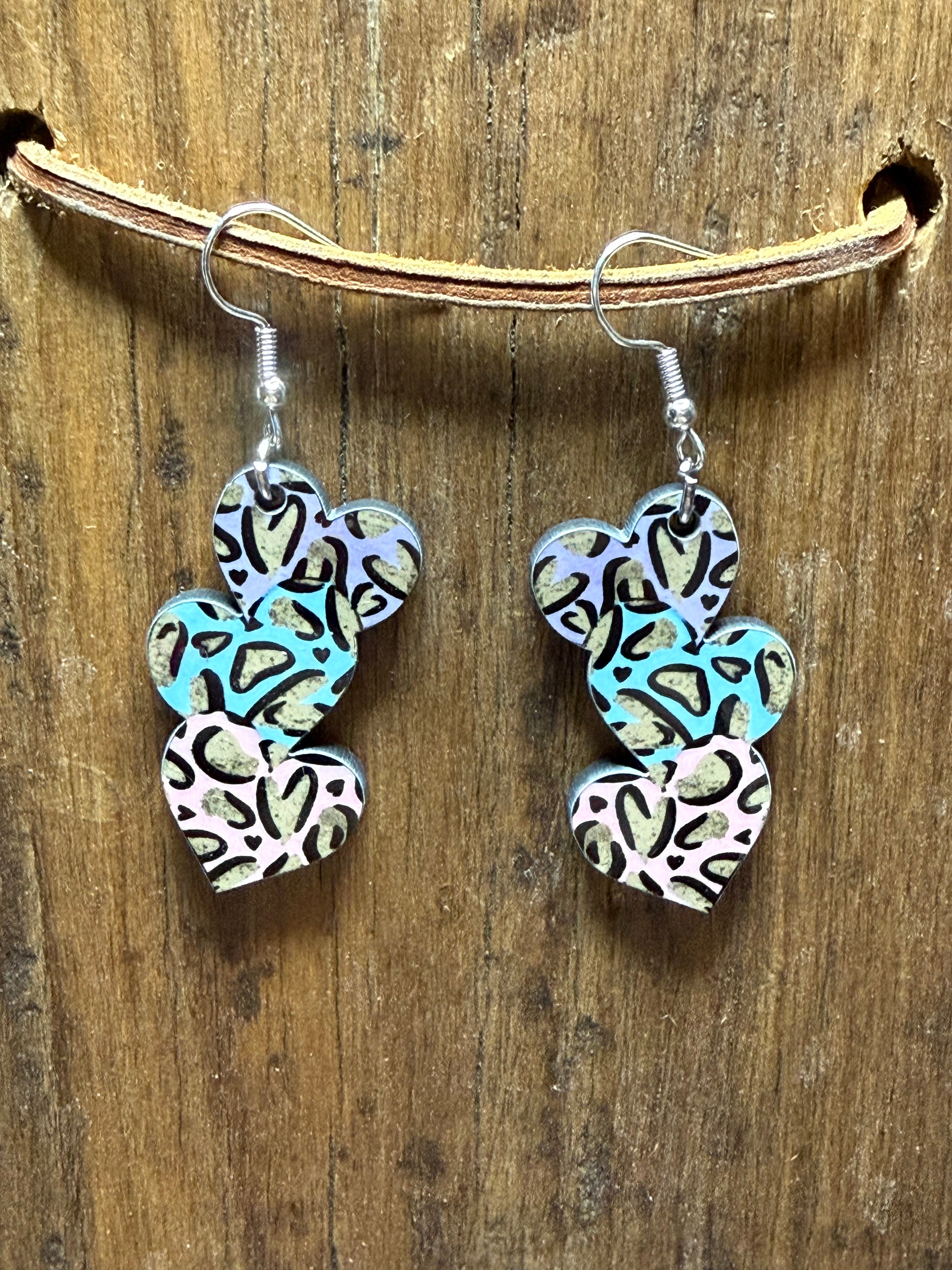 Animal Print Heart Trio Wood Earrings | Hypoallergenic Metal