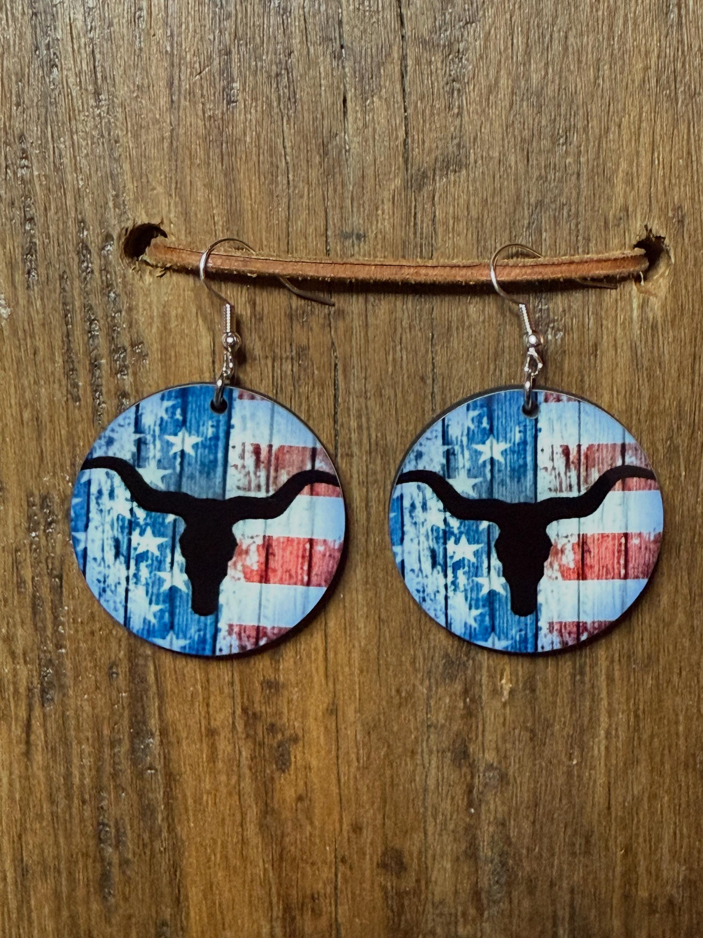 Rustic Flag Bull Skull Earrings