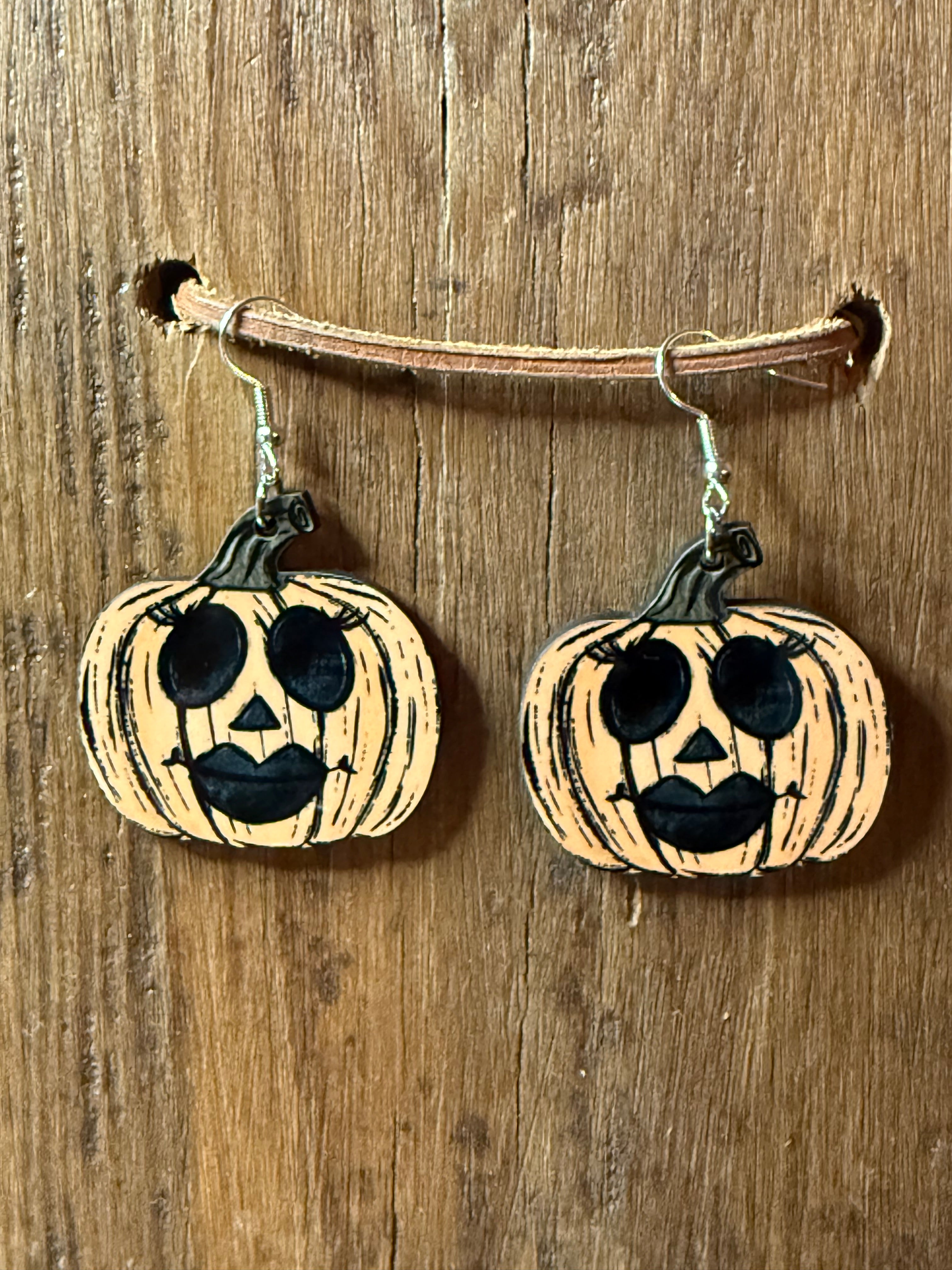 Wood Pumpkin Eyelash Earrings