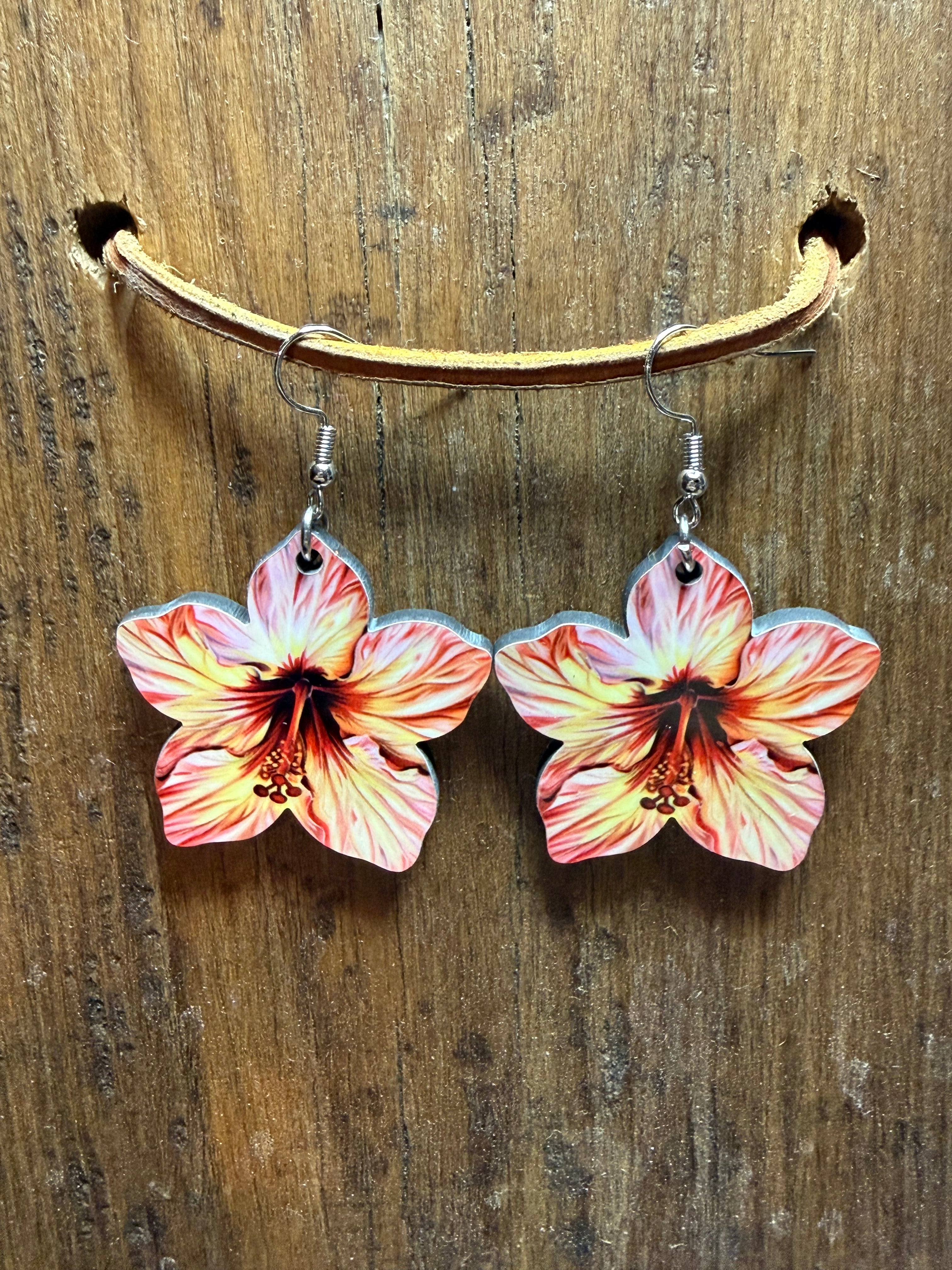Tropical Hibiscus Wood Earrings – 2” Floral Dangle Earrings, Nickel-Free Hooks