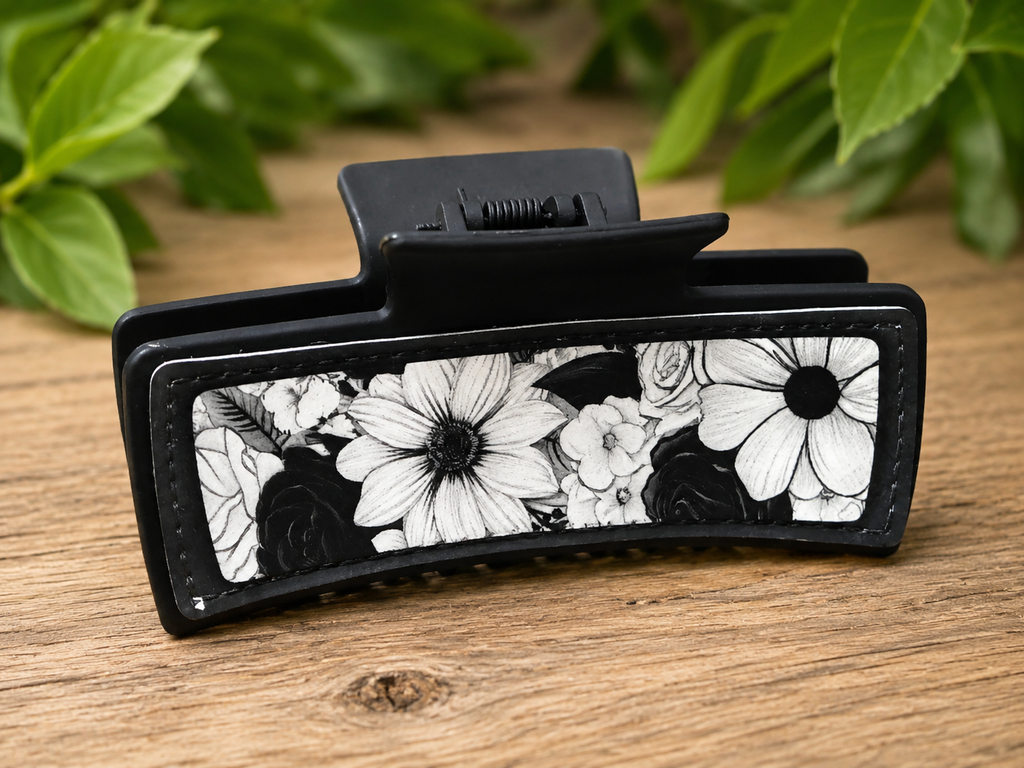 Black & White Floral Faux Leather Hair Claw Clip