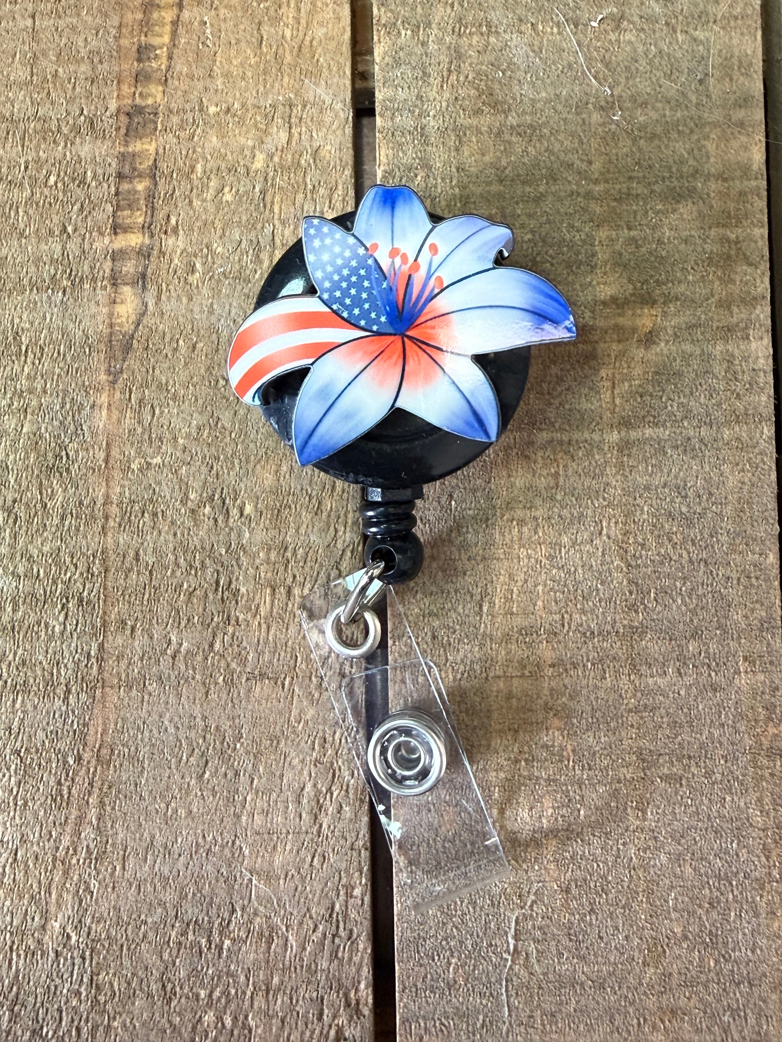 Patriotic Floral Badge Reel | Retractable ID Holder for Nurses & Teachers