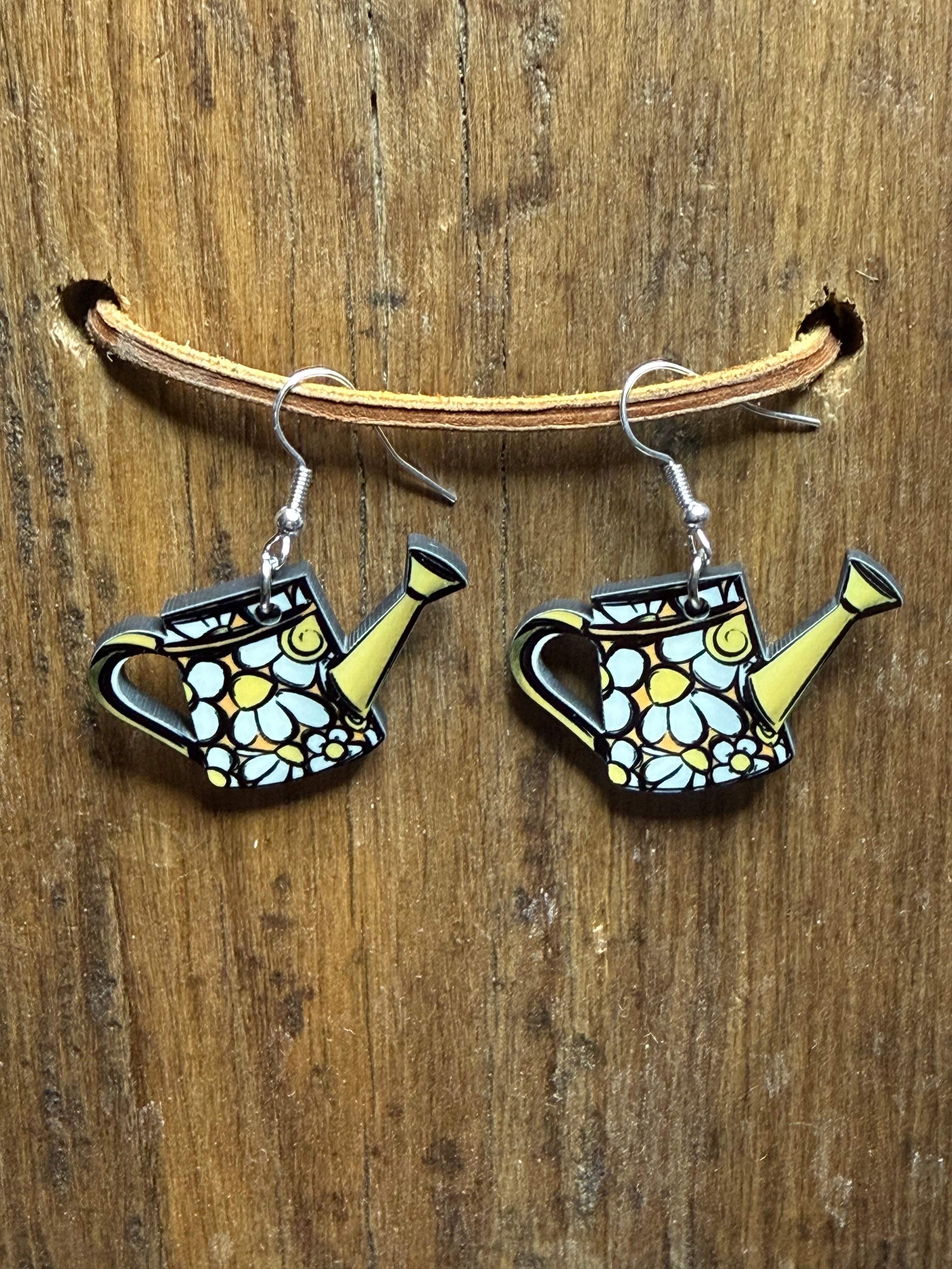Floral Watering Can Wood Earrings – Nickel Free Hooks