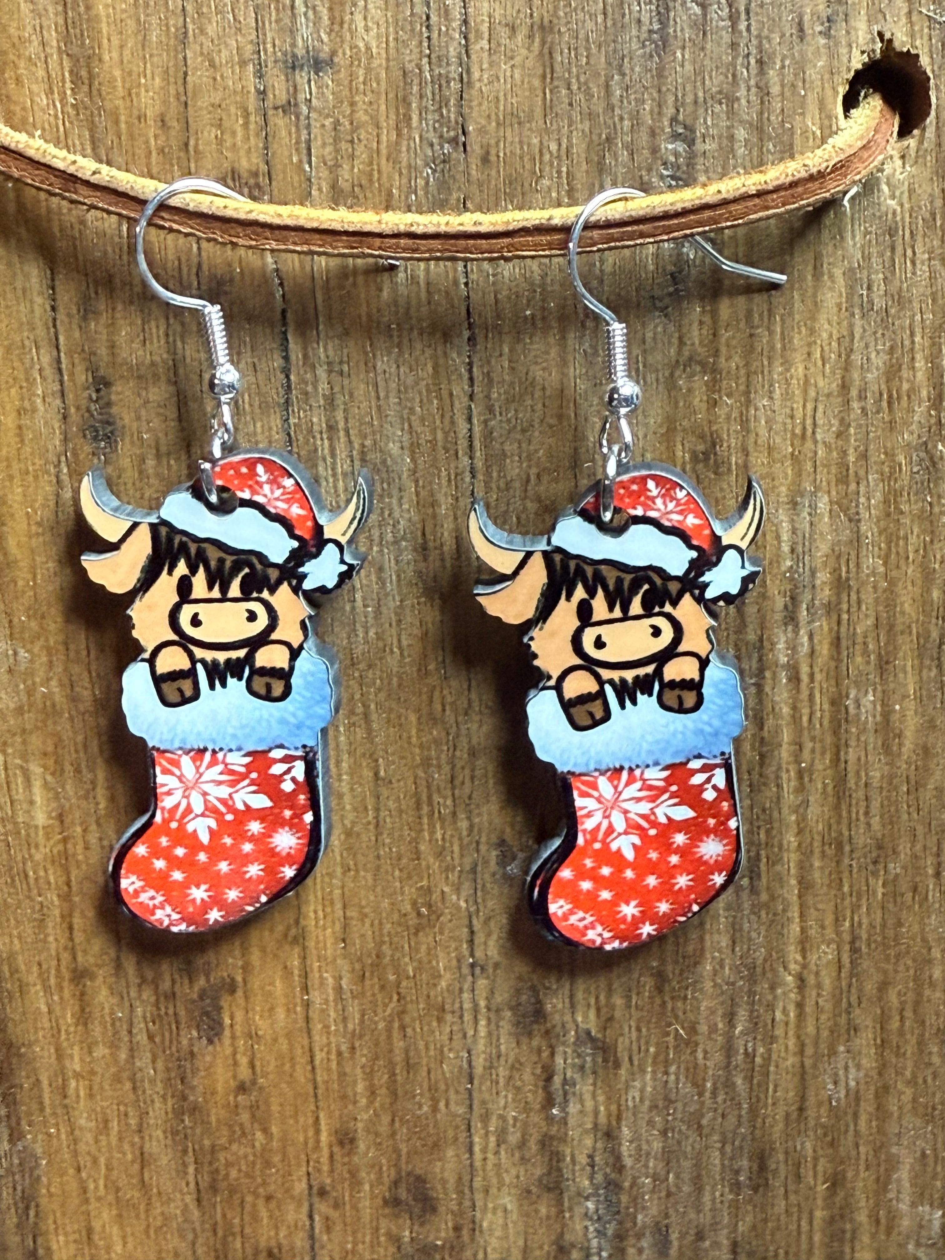 Highland Cow Stocking Wood Earrings – Nickel Free