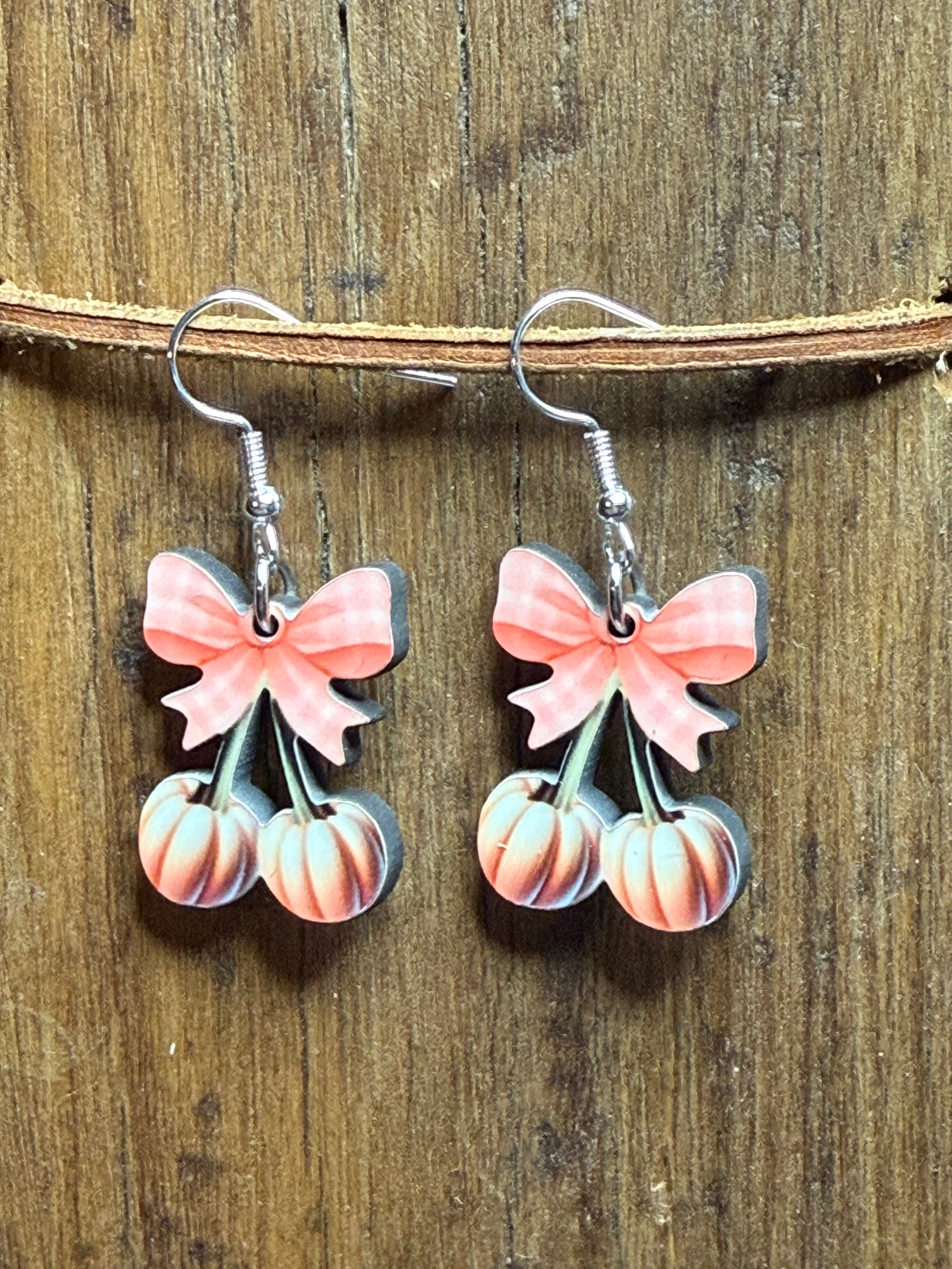 Pink Cherry Pumpkin Wood Earrings