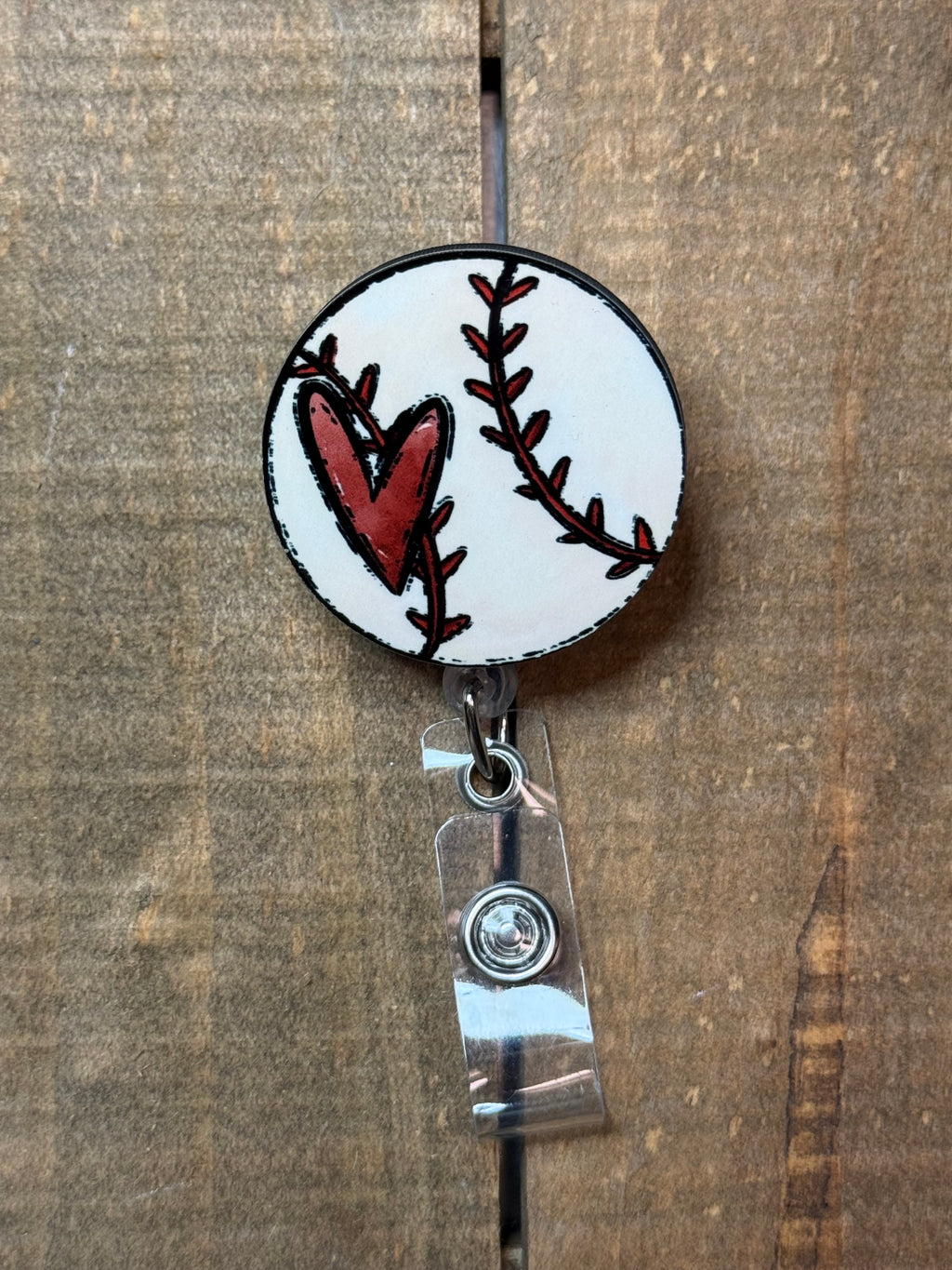 ⚾ Baseball with Heart Badge Reel – Retractable ID Holder