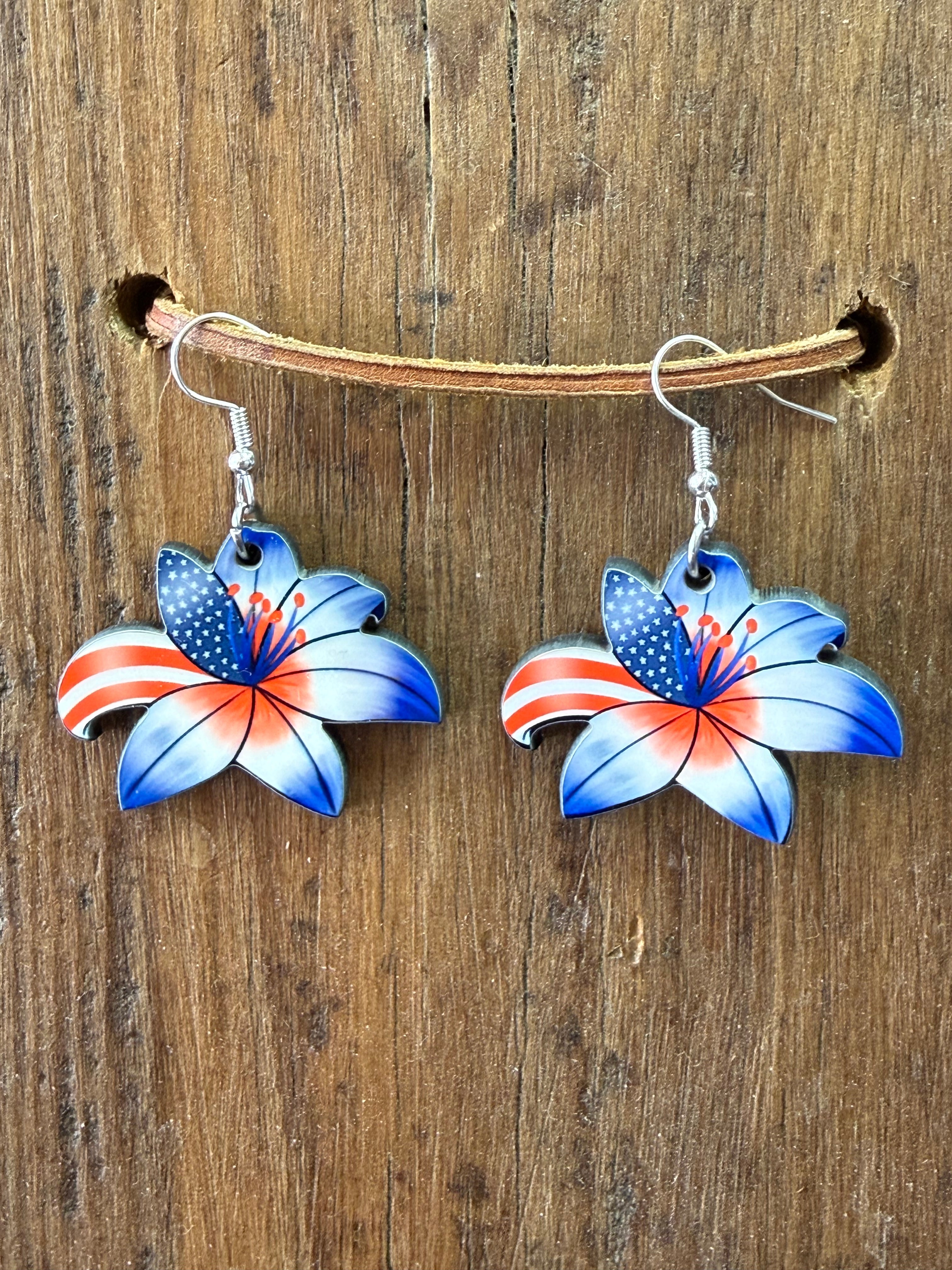 Patriotic Floral Wood Earrings