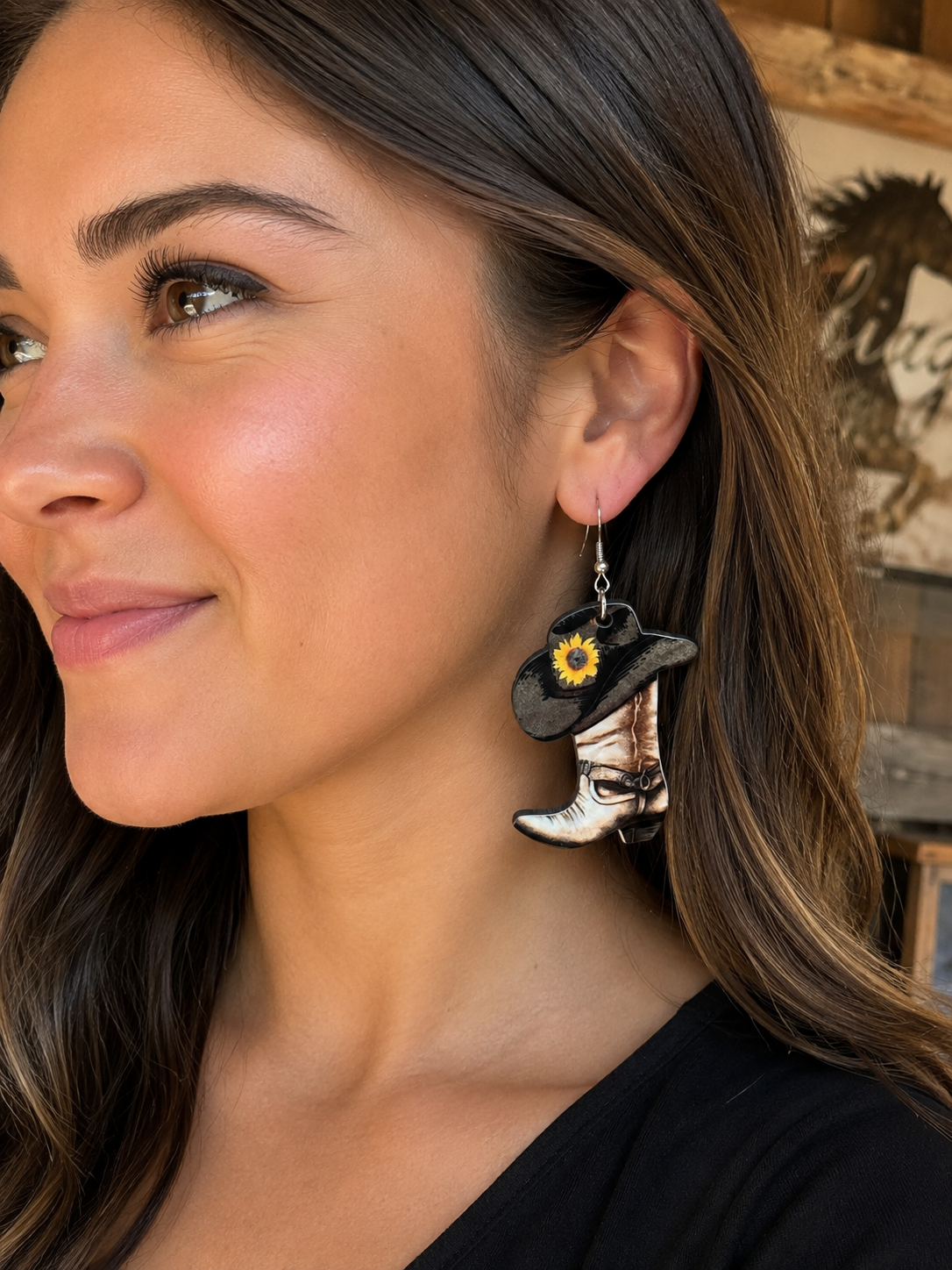 Cowboy Boot & Hat Earrings with Sunflower – Handmade Western Dangle Earrings
