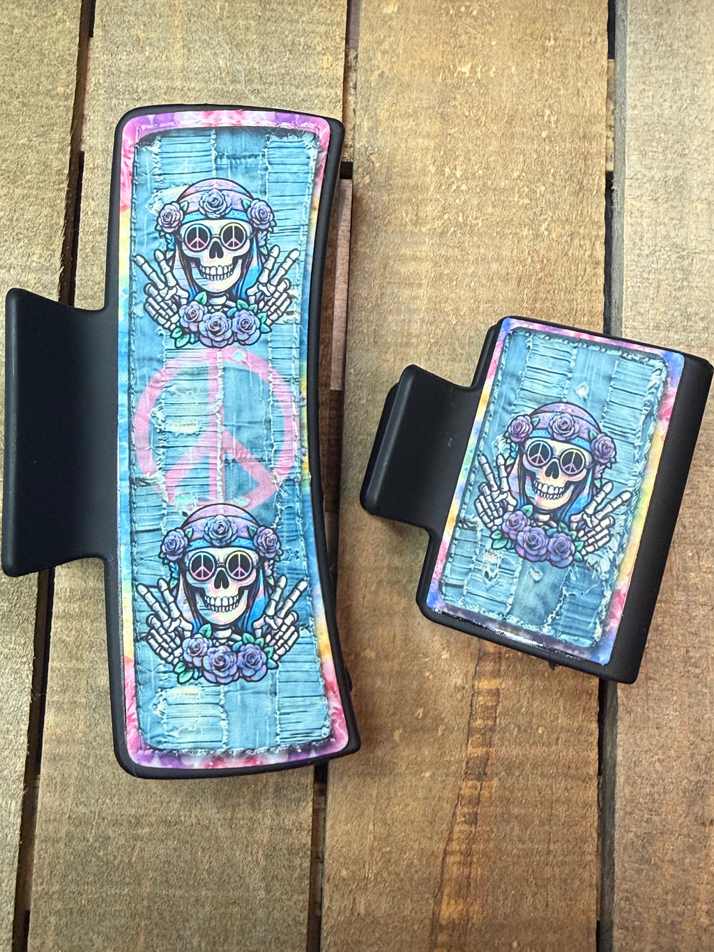 Boho Skull Peace Sign Hair Claw Clip – Hippie Floral Skull Hair Clip – Western Bohemian Hair Accessory