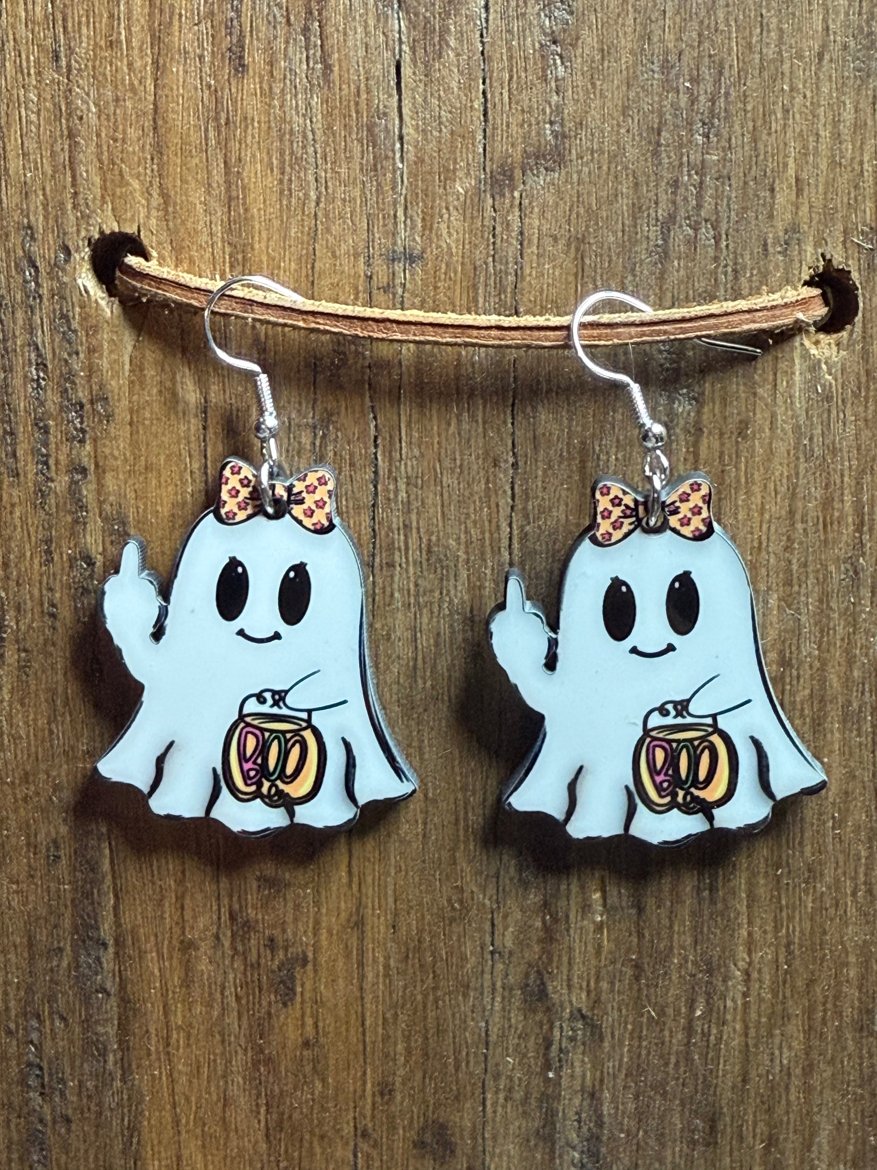 Ghost with Middle Finger Wood Earrings