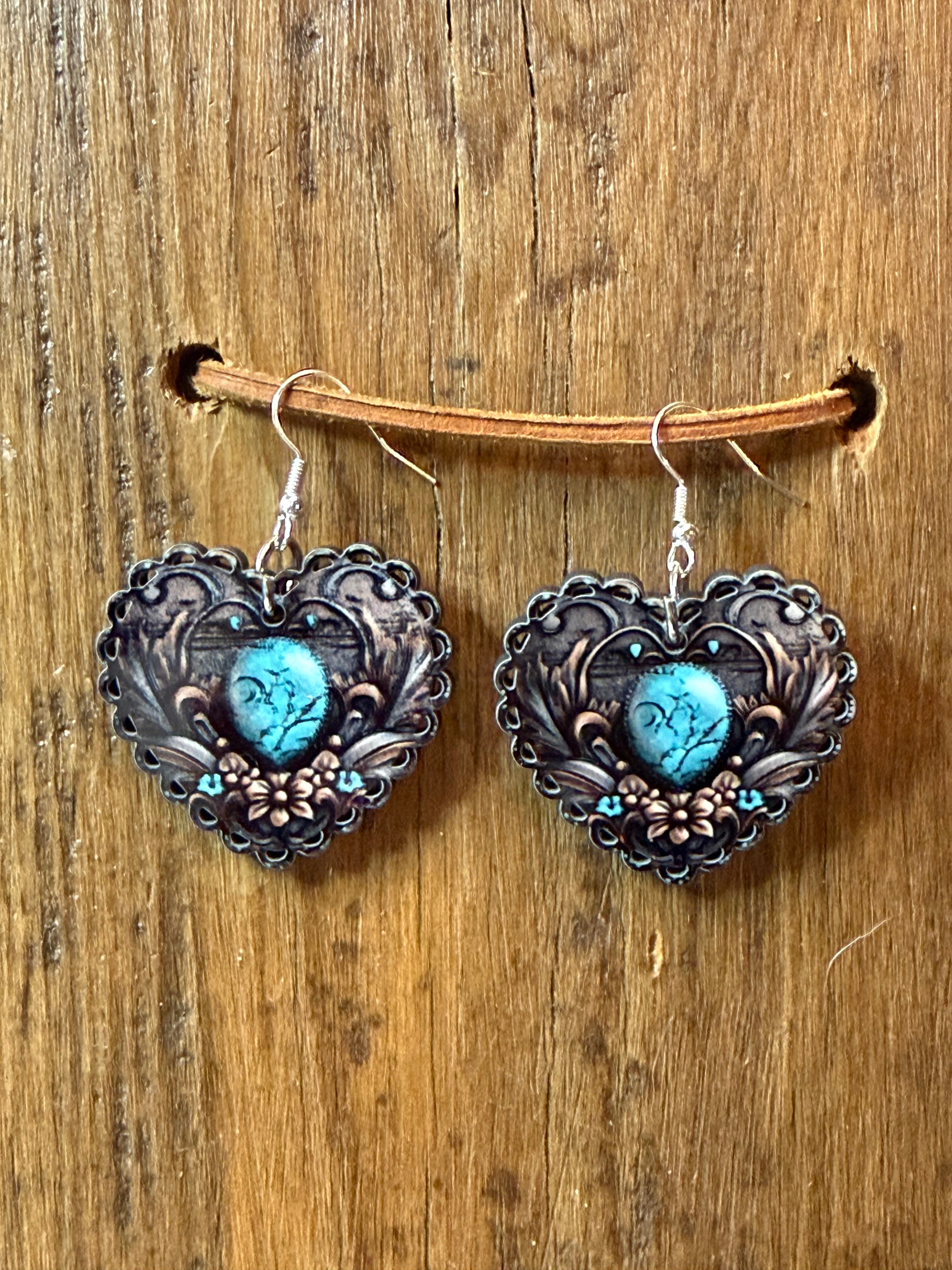 Western Tooled Leather Scalloped Heart Wood Earrings – Nickel Free