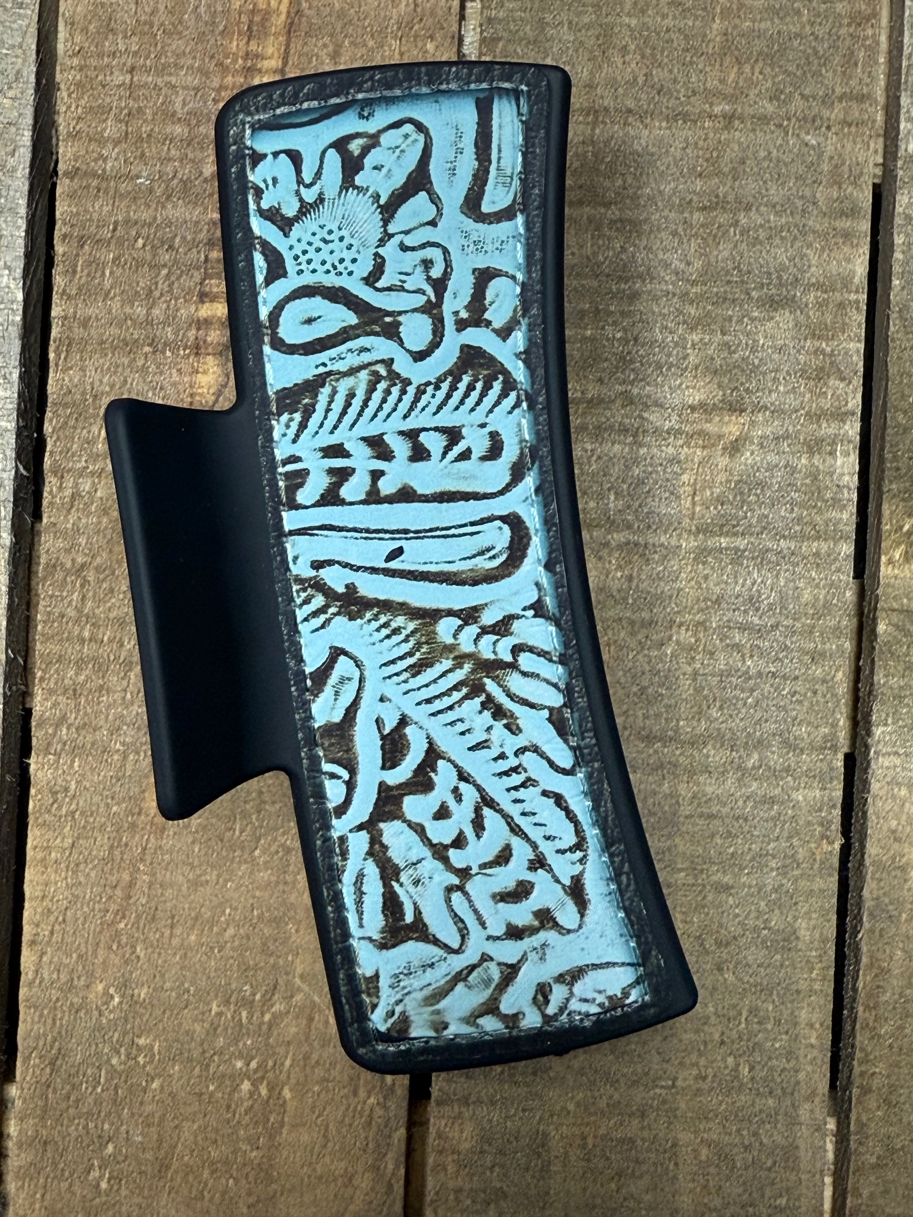 Teal Tooled Faux Leather Hair Claw Clip