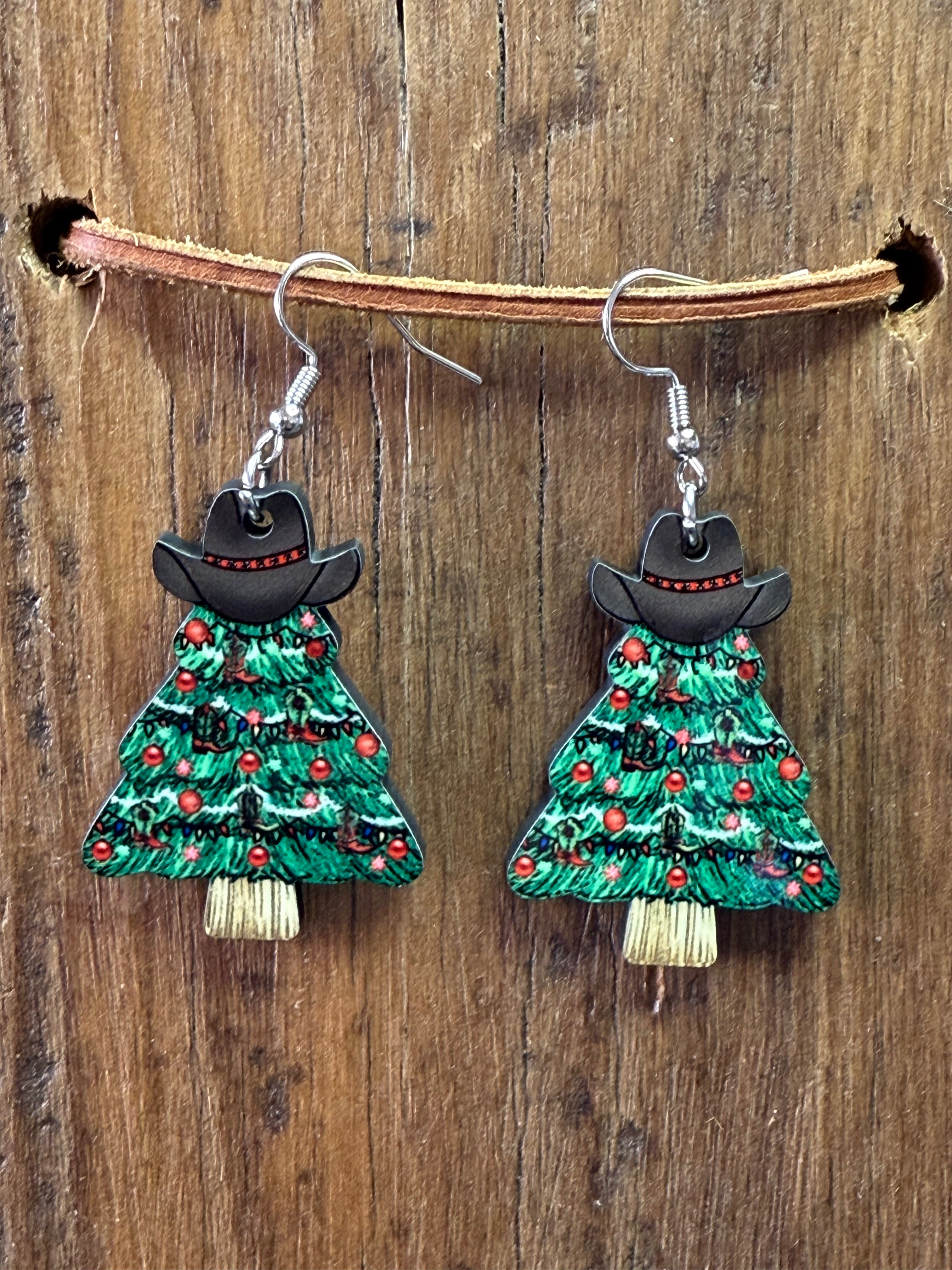 Cowboy Christmas Tree Wood Earrings