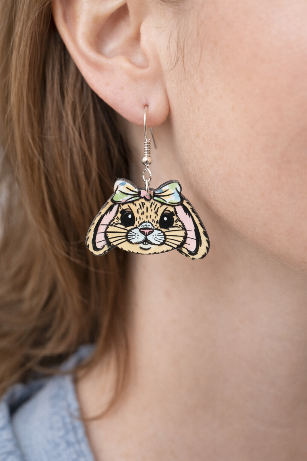 Bunny Face Wood Earrings with Bow – Cute Easter Rabbit Dangle Earrings – Nickel Free Hooks