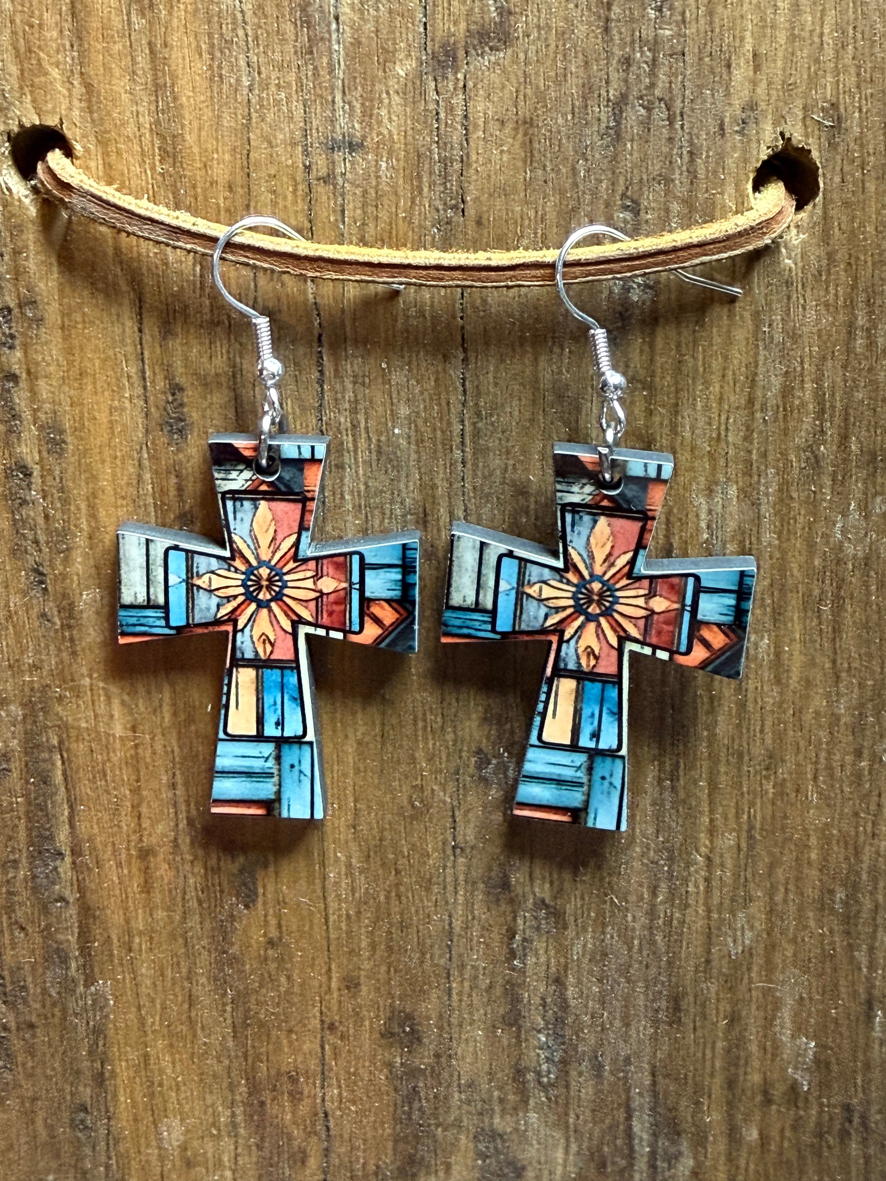 Stained Glass Cross Wood Earrings – Western Style | Lightweight | Nickel Free Hooks