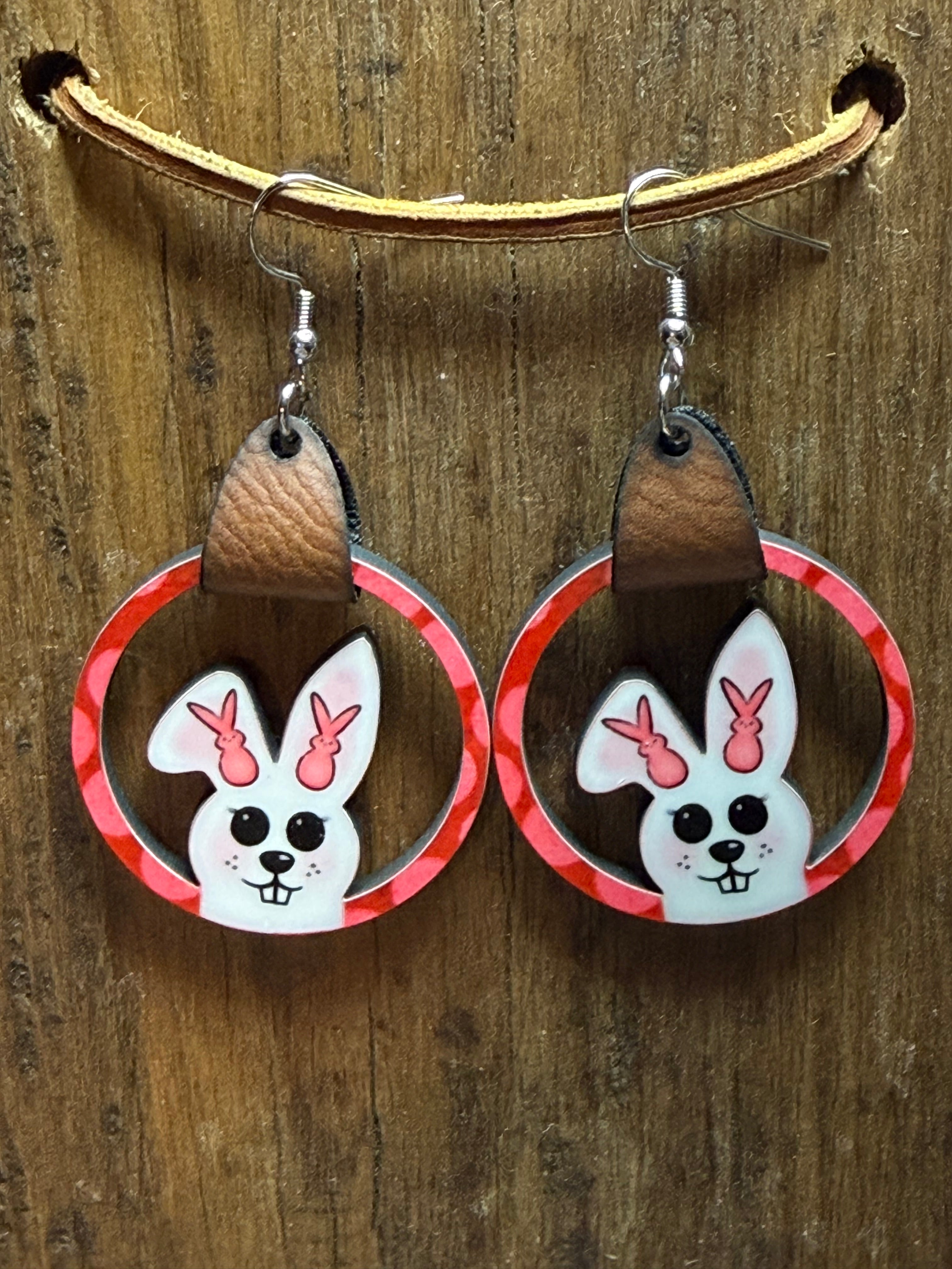 Easter Bunny Ears Wood Earrings with Faux Leather Straps – Nickel Free Hooks