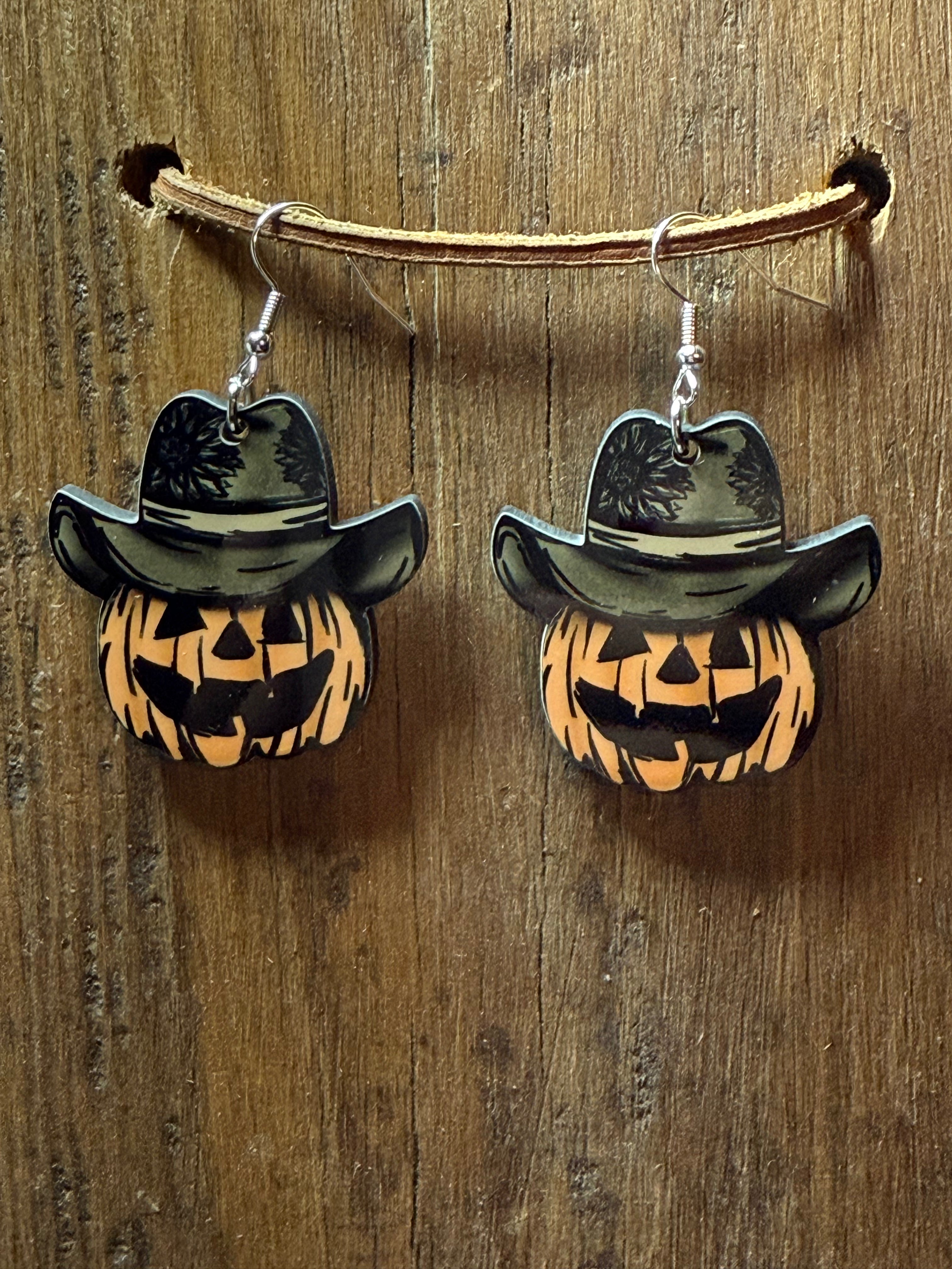Wood Cowboy Pumpkin Earrings