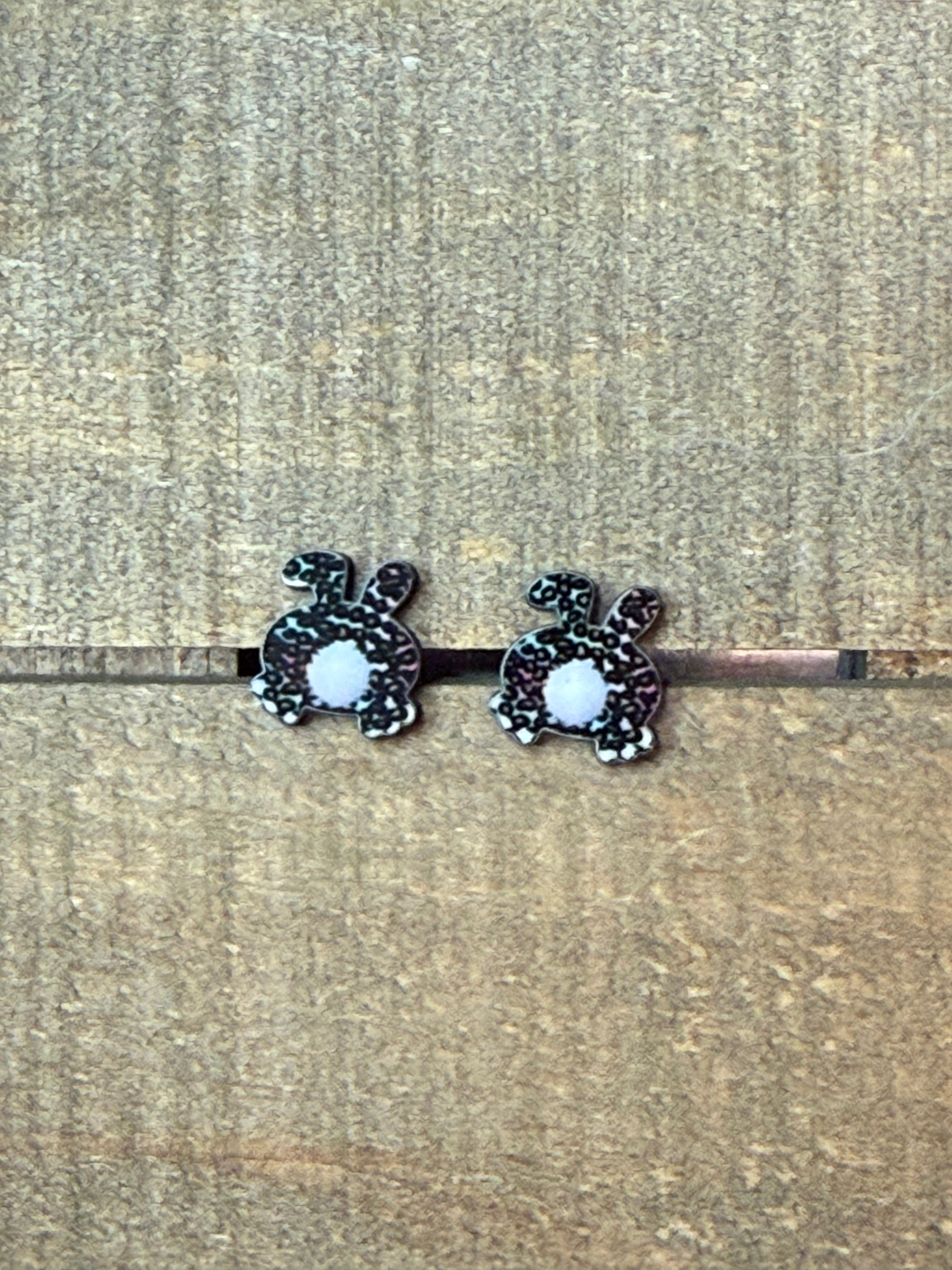 Cheetah Print Bunny Butt Wood Stud Earrings – Easter Bunny Studs – Lightweight Spring Earrings