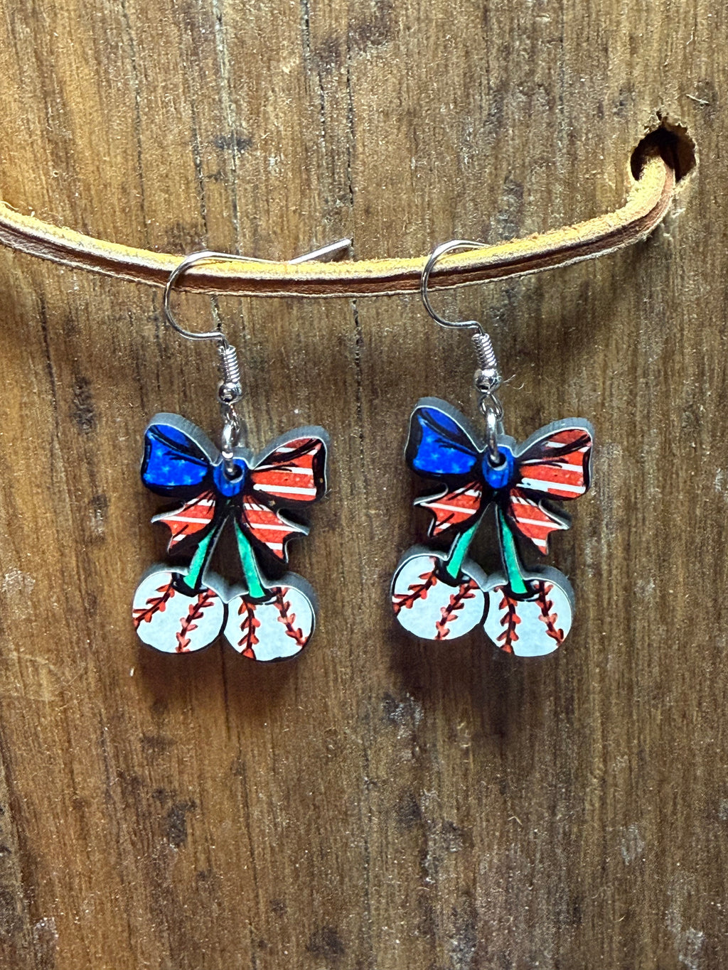 Patriotic Baseball Bow Wood Earrings – Red White Blue Baseball Dangle Earrings – Game Day Jewelry