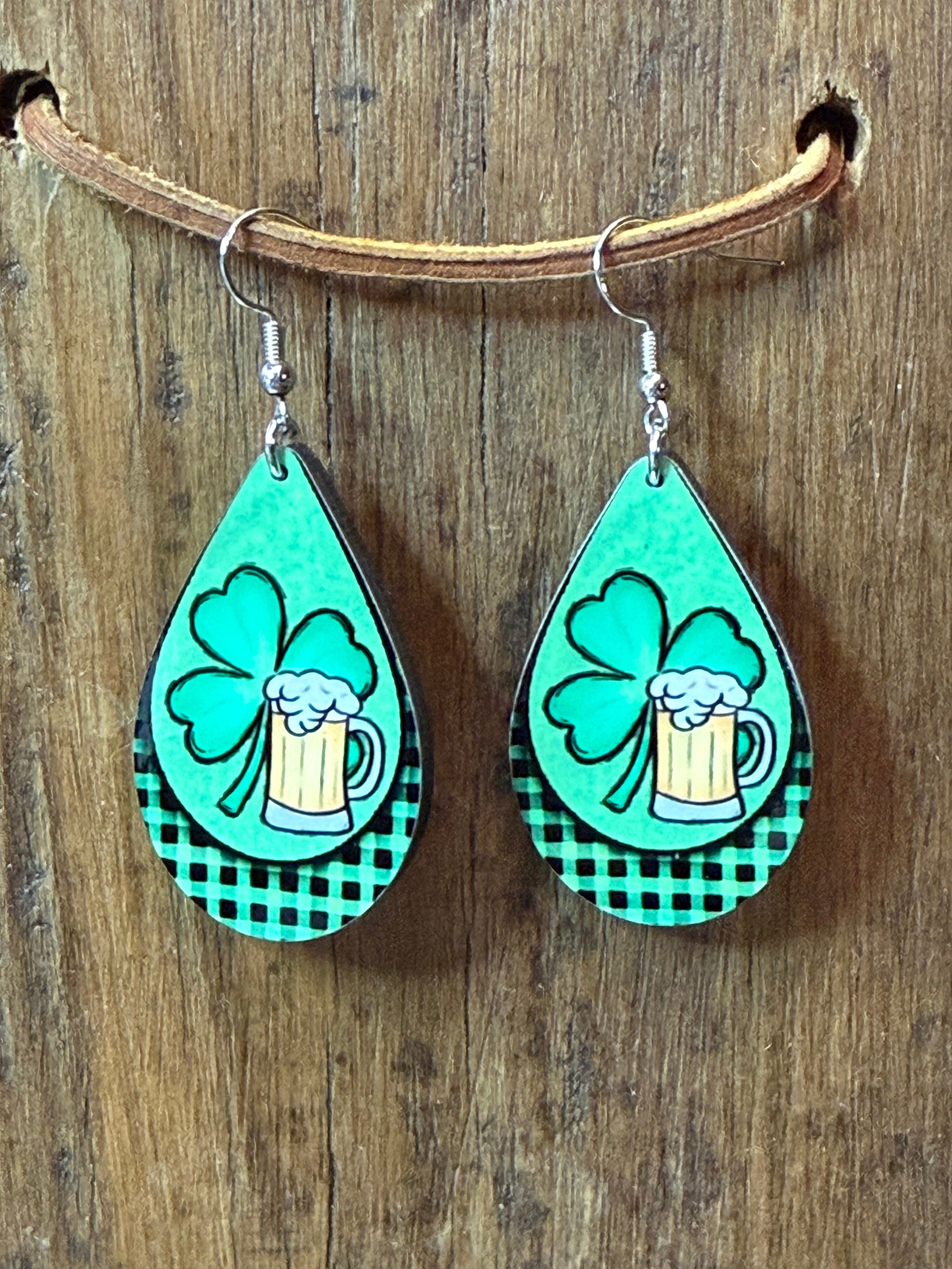 🍀 Shamrock & Beer St. Patrick’s Day Wood Earrings – Nickel Free 🍺