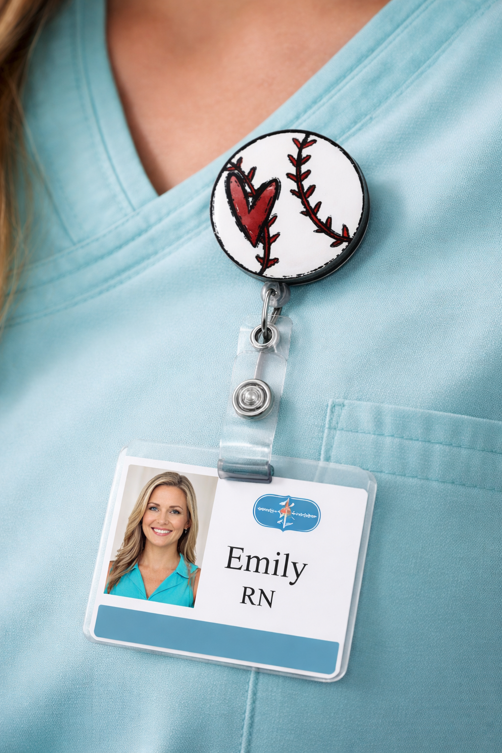 ⚾ Baseball with Heart Badge Reel – Retractable ID Holder