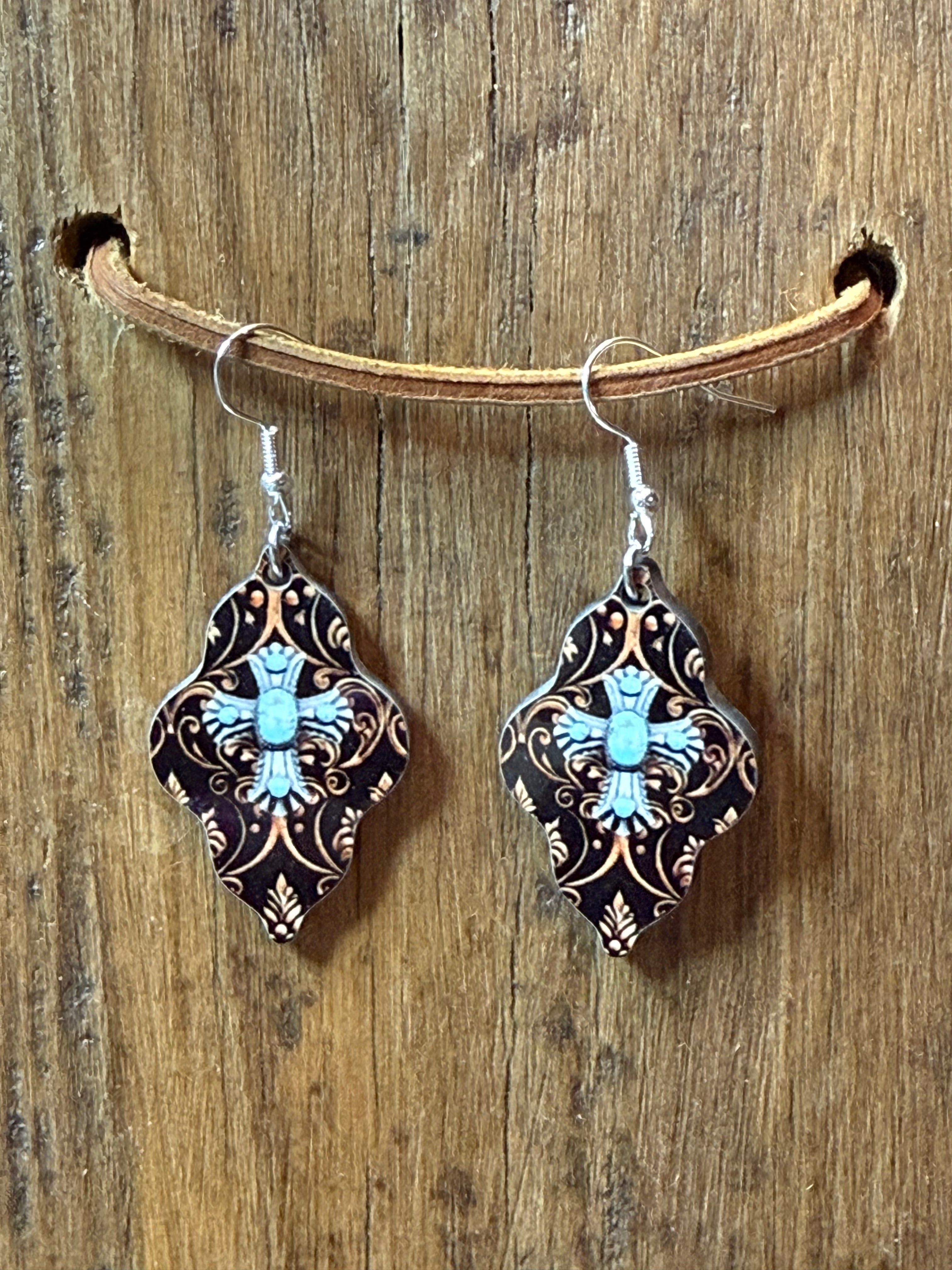 Tooled Leather Cross Wood Earrings – Nickel Free Metal – Lightweight Faith Jewelry