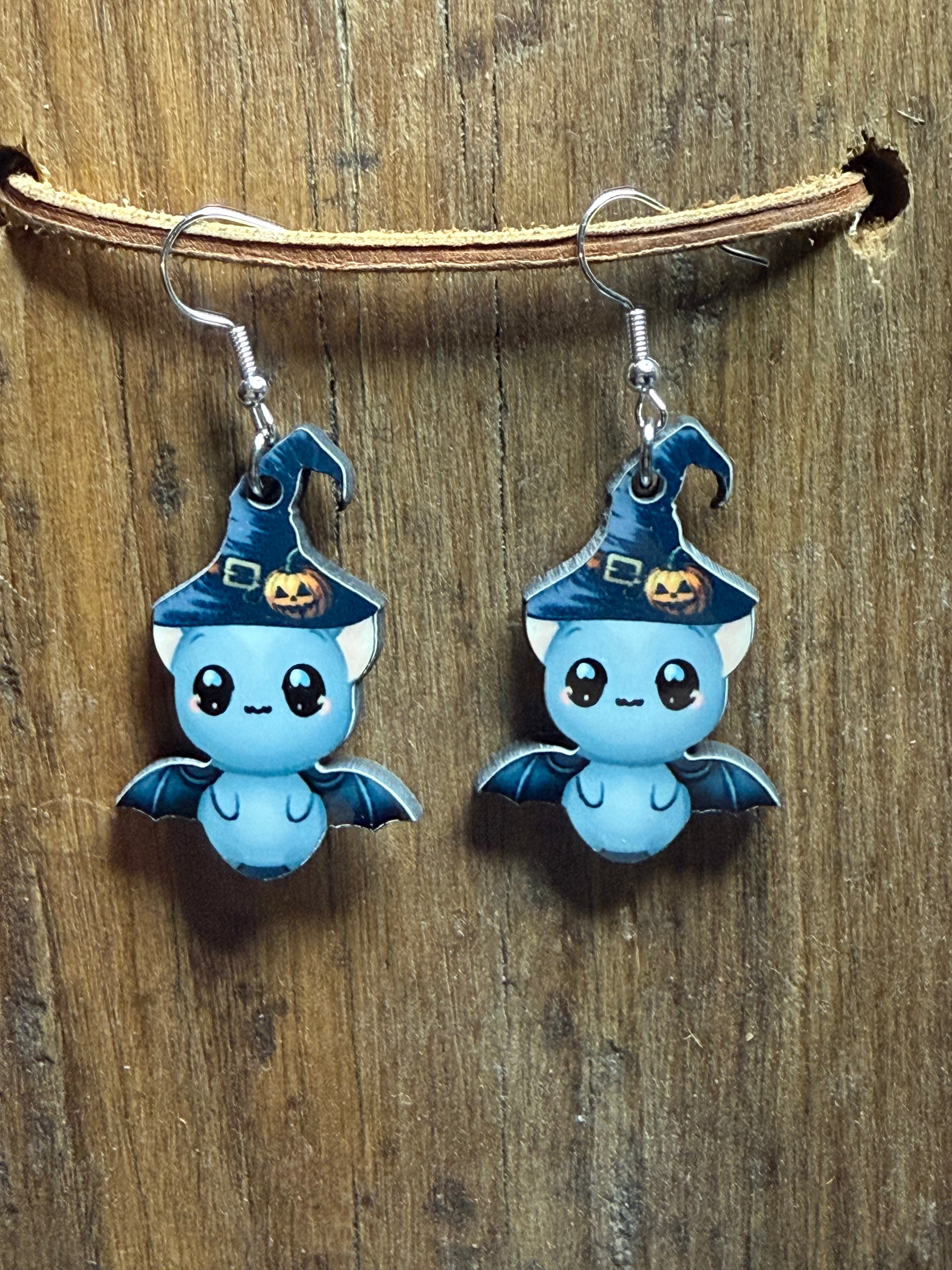 Bat with Witch Hat Wood Earrings