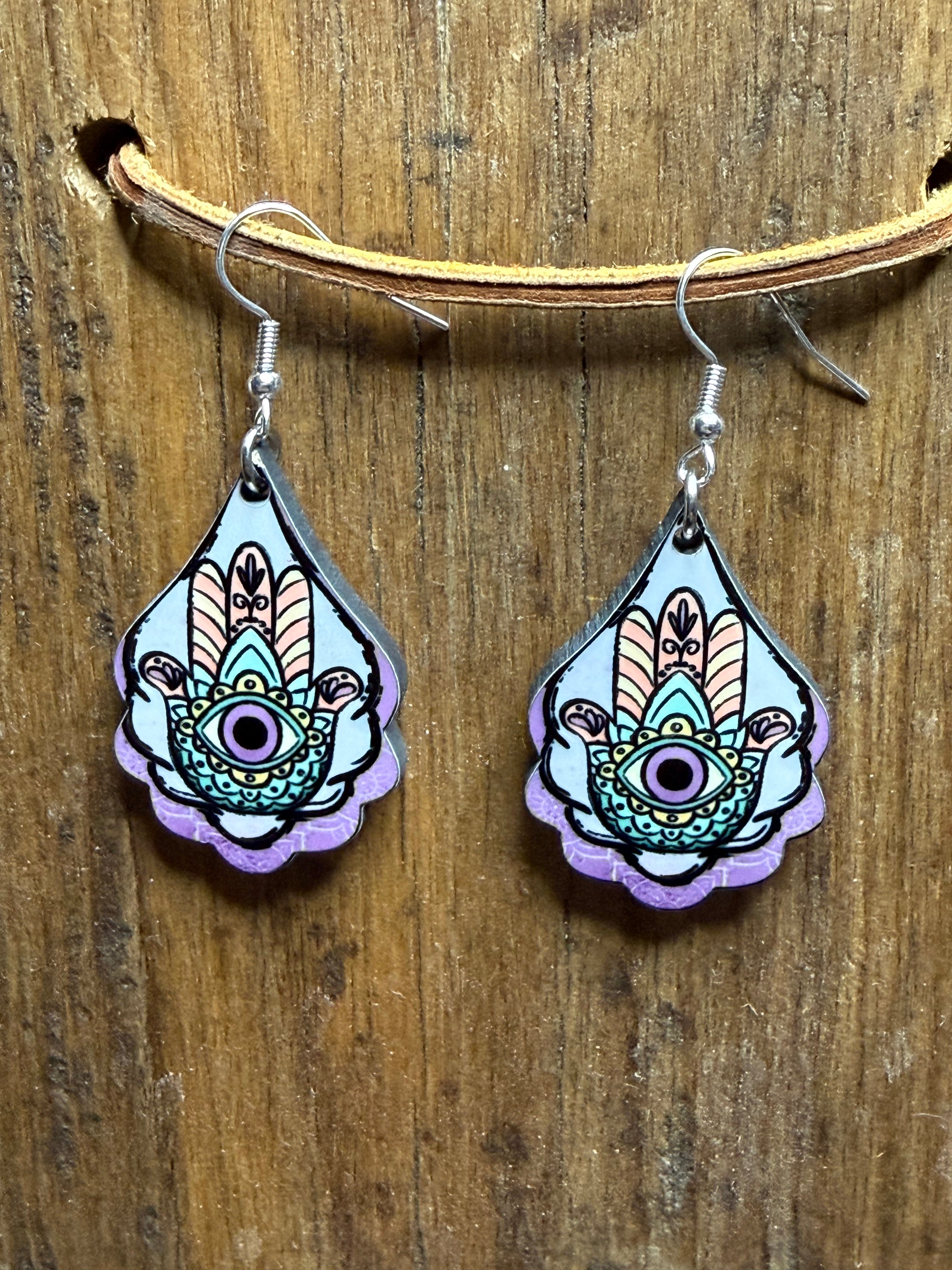 Boho Evil Eye Hand Wood Earrings – Lightweight, Nickel Free Hooks