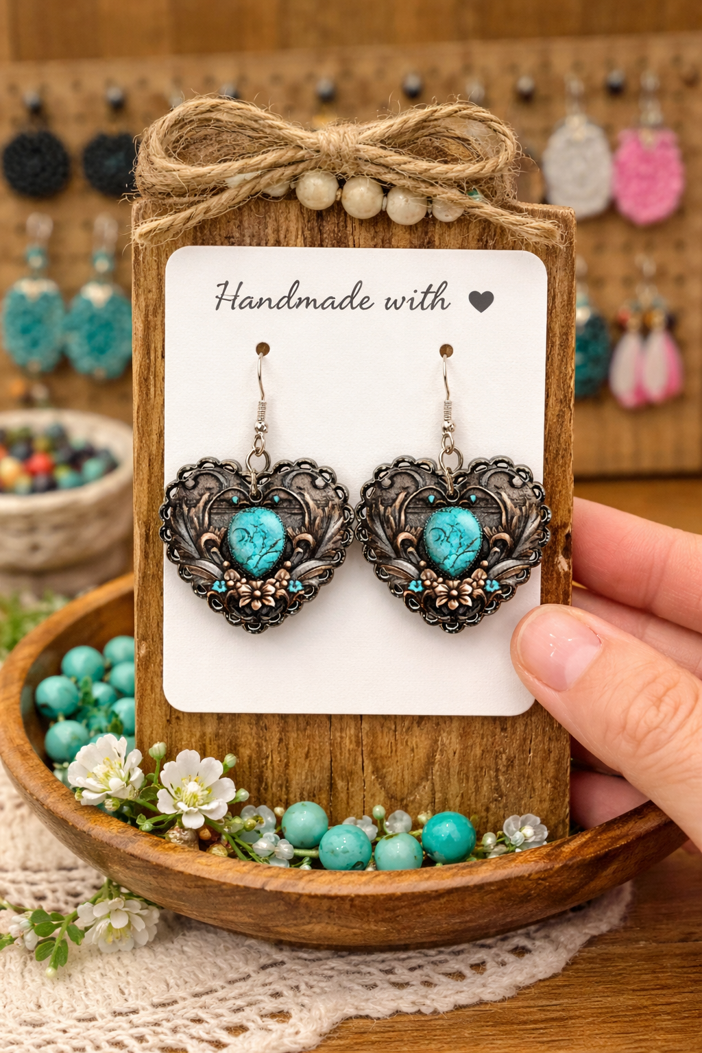 Western Tooled Leather Scalloped Heart Wood Earrings – Nickel Free