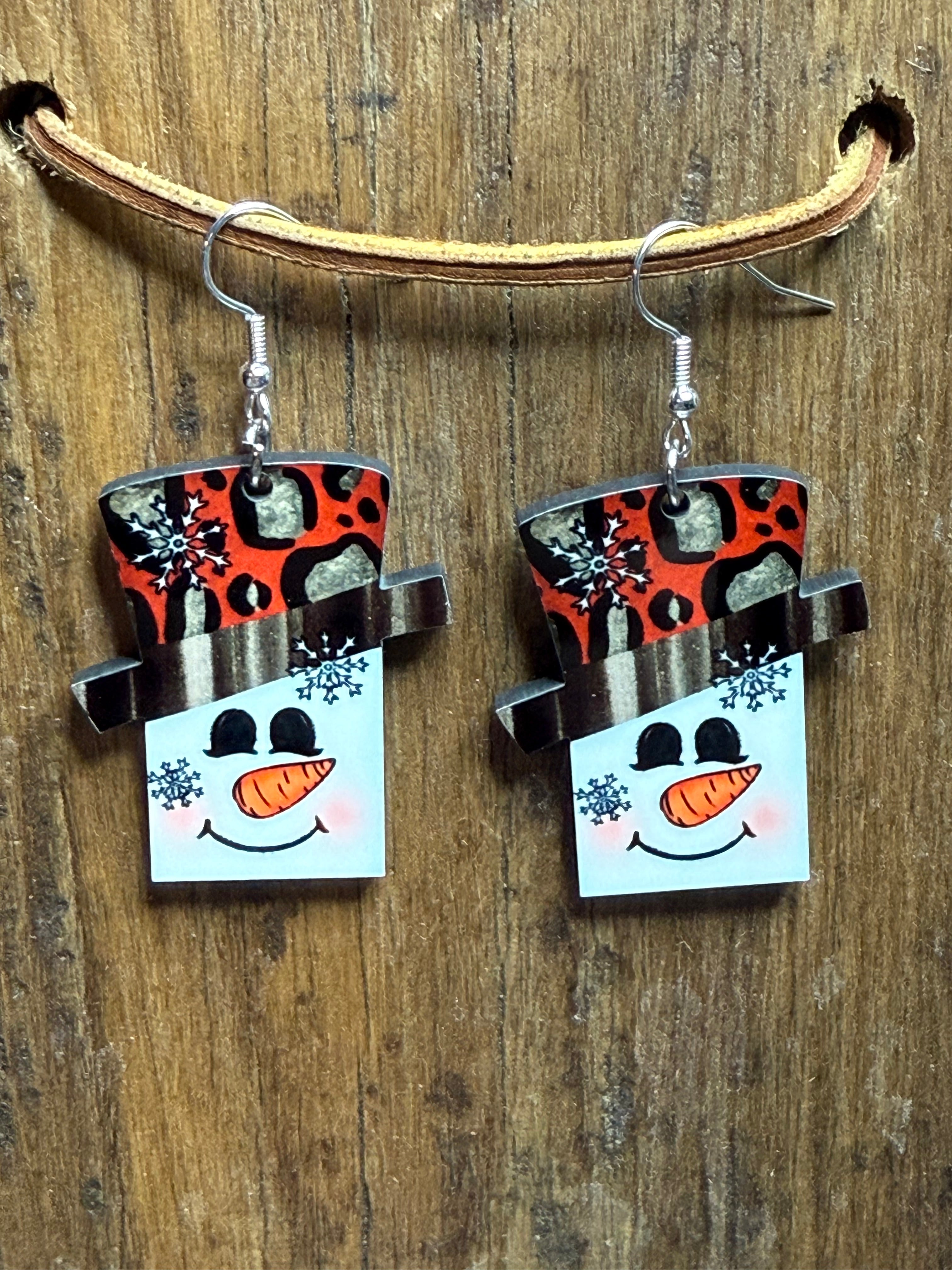 Cheetah-Hat Snowman Wood Earrings — Hand-Painted Festive Holiday Earrings
