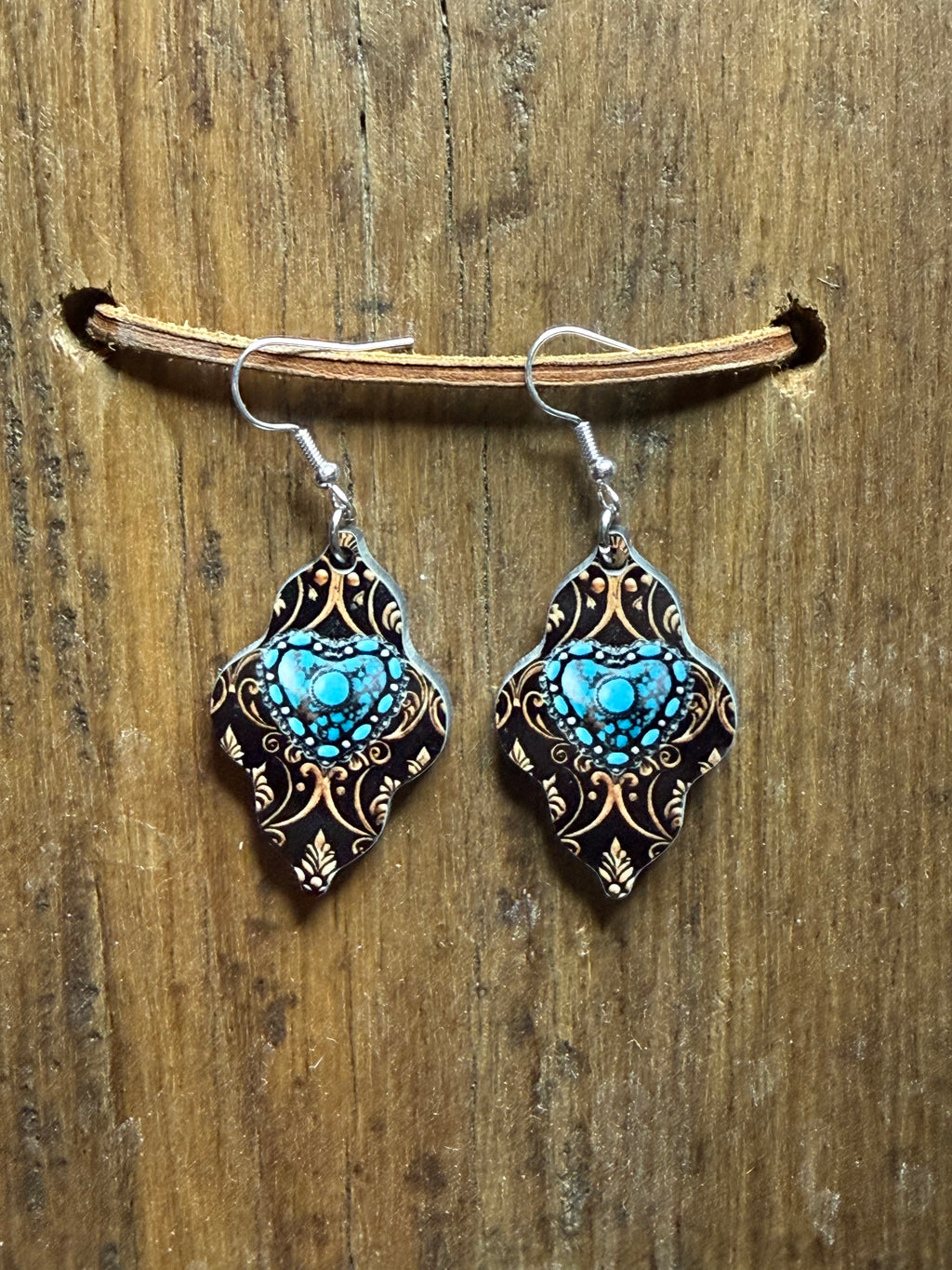 Western Turquoise Heart Wood Earrings – Nickel Free Hooks