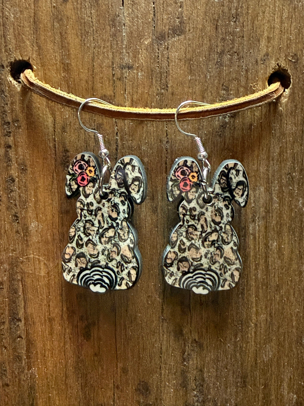 Floral Bunny Wood Earrings – 2” Easter Bunny Dangle Earrings – Spring Wooden Earrings