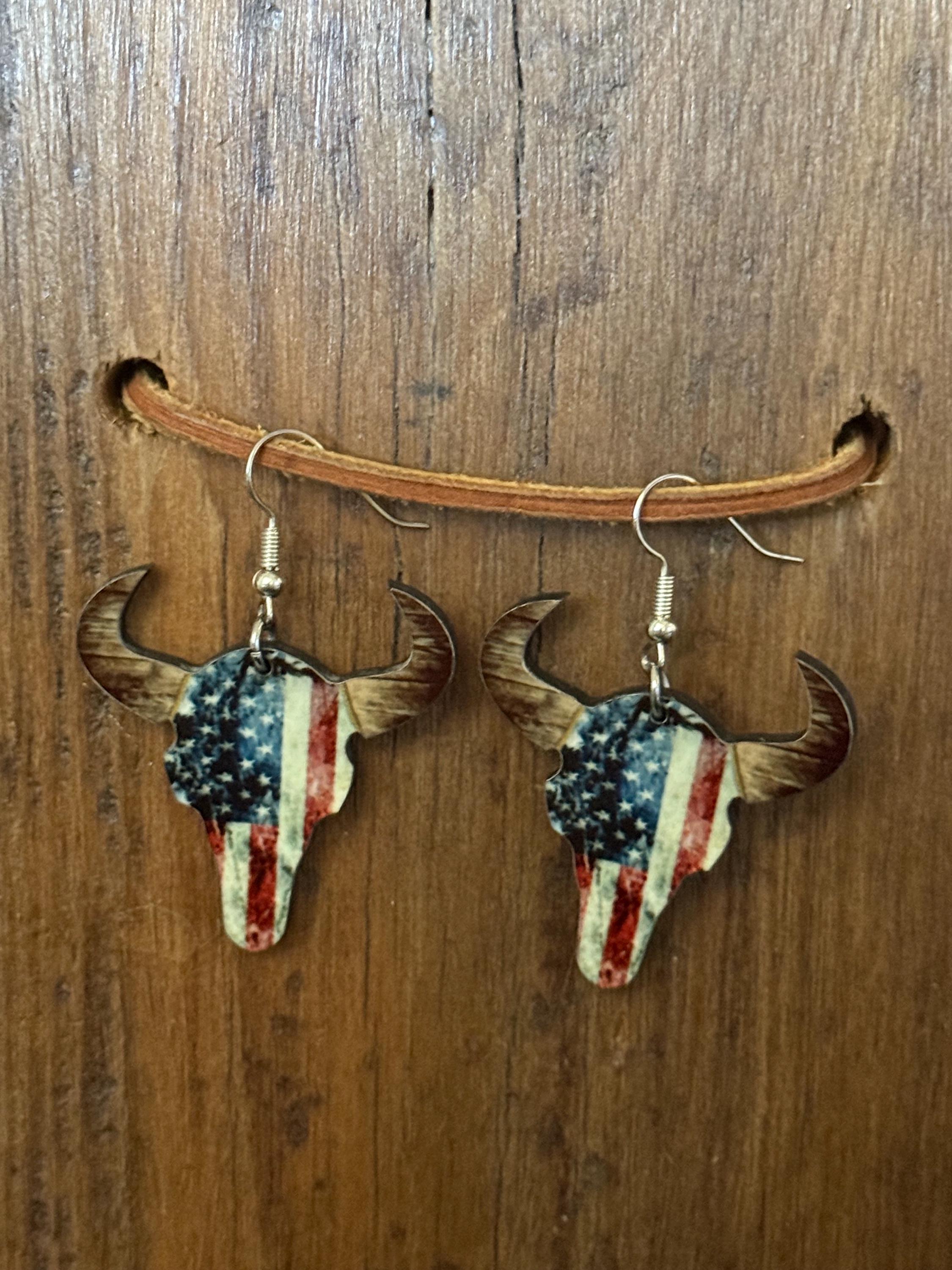 Americana Bull Skull Earrings | MDF Wood | Nickel-Free Metal