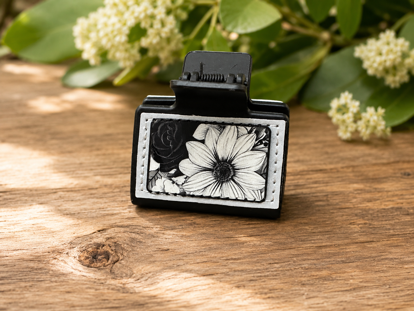 Black & White Floral Faux Leather Hair Claw Clip
