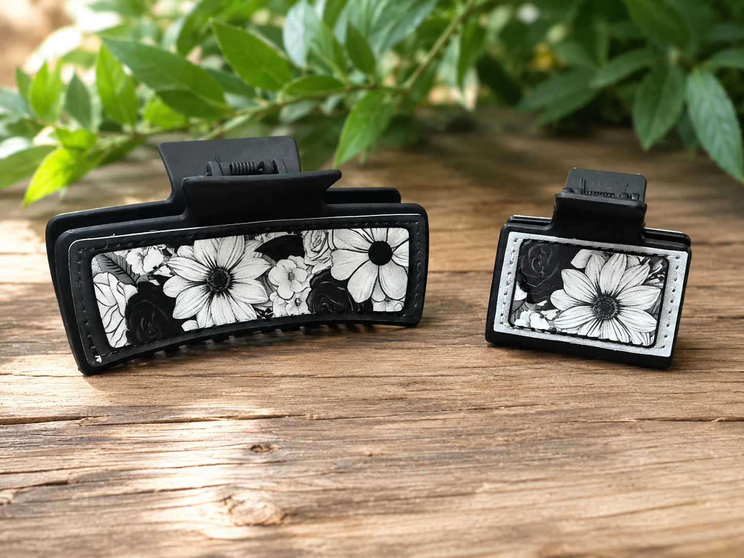 Black & White Floral Faux Leather Hair Claw Clip