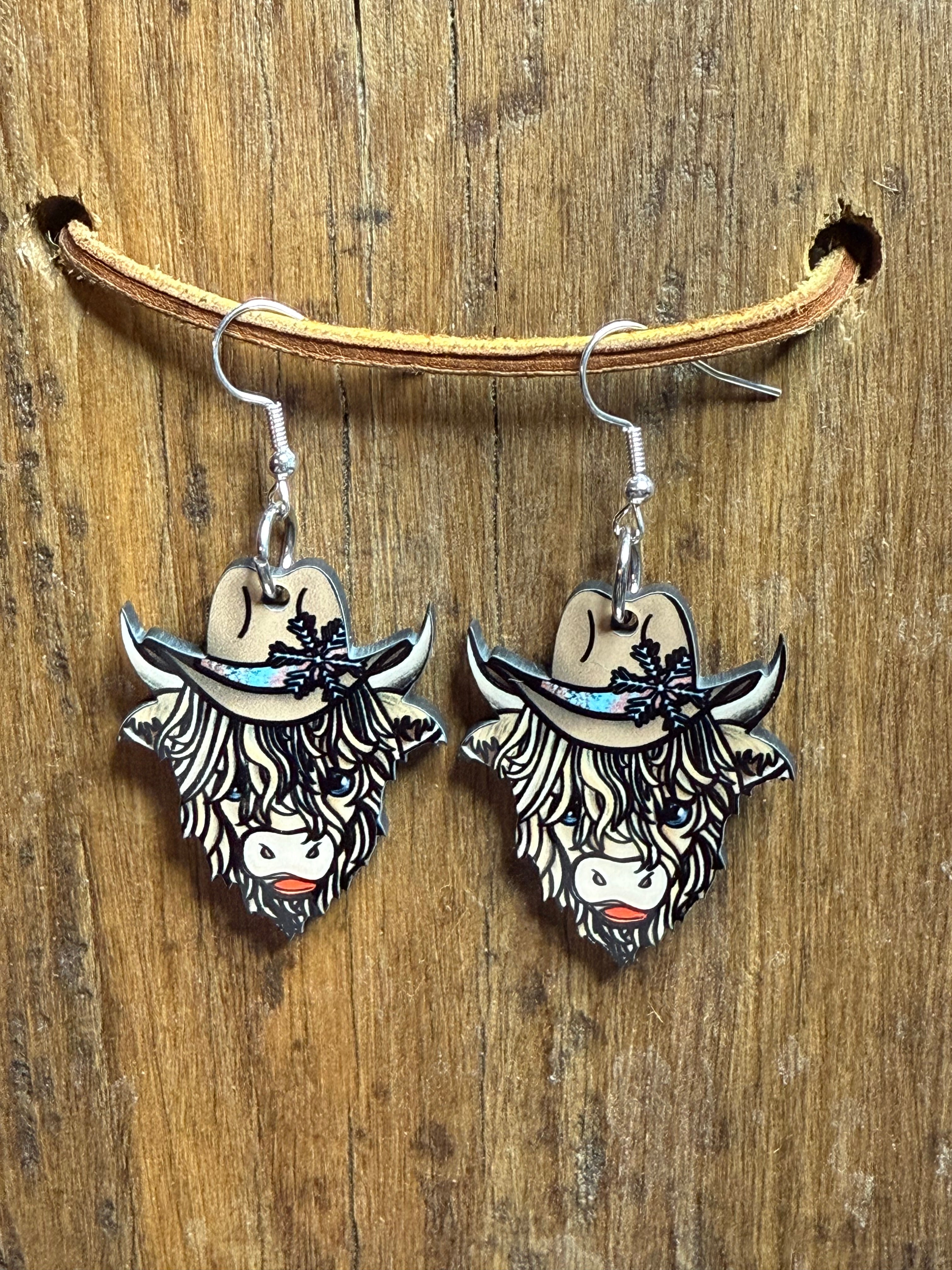 Winter Highland Cow Wood Earrings – Nickel-Free Metal