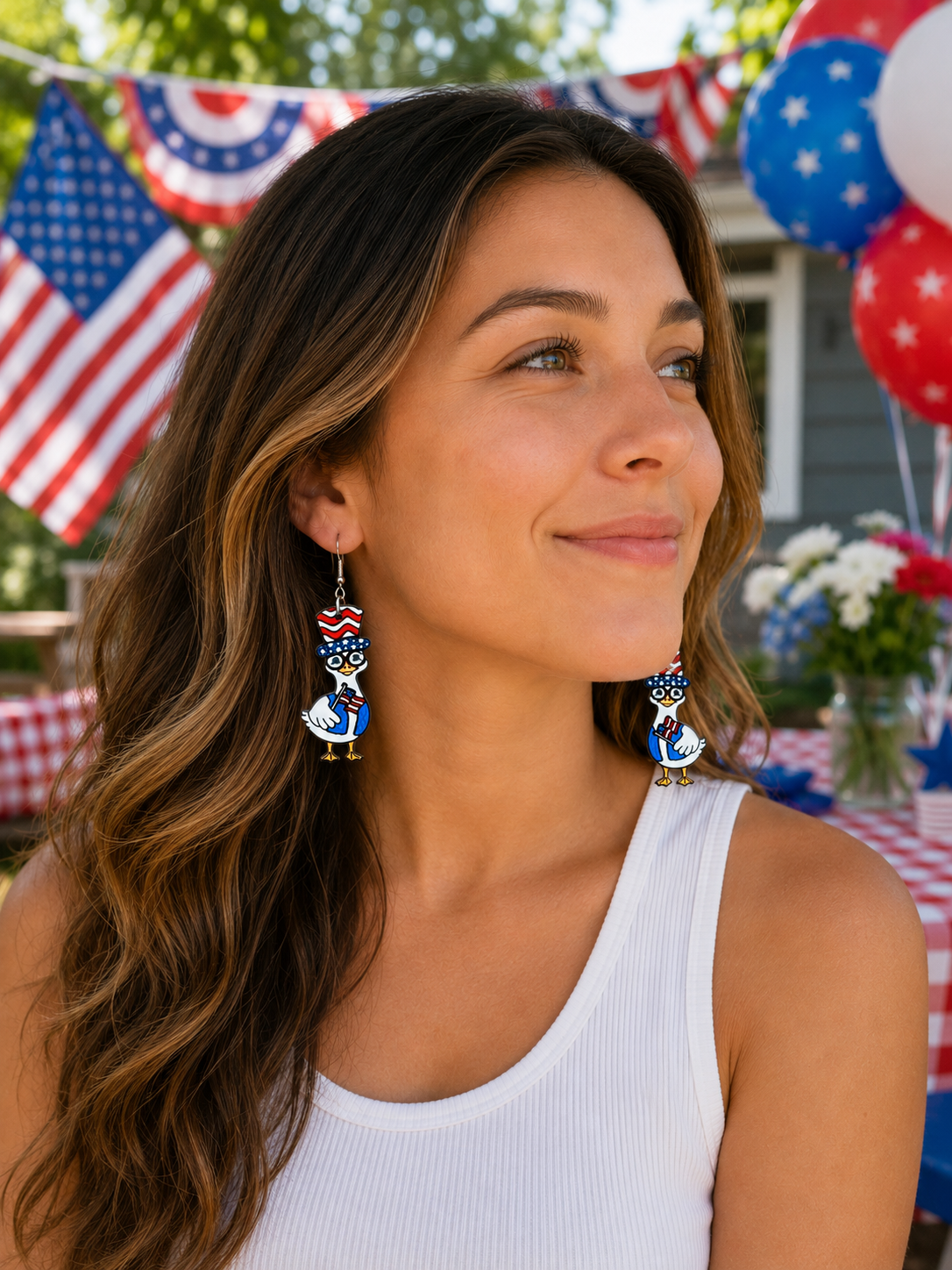 Patriotic Goose Wood Earrings – 4th of July Dangle Earrings