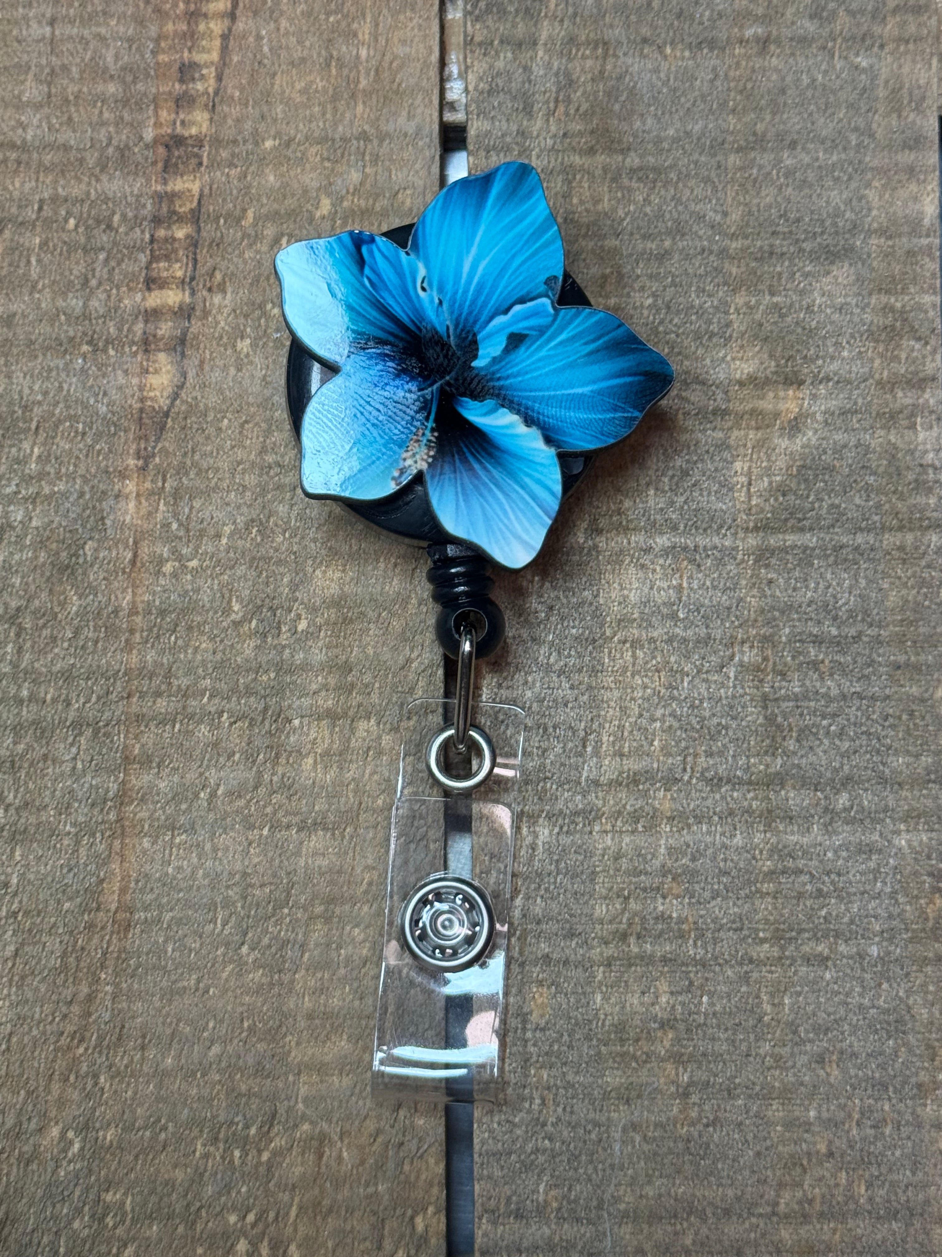 Blue Hibiscus Wood Badge Reel | Handmade Retractable ID Holder | Floral Badge Reel for Nurses, Teachers & Office Staff