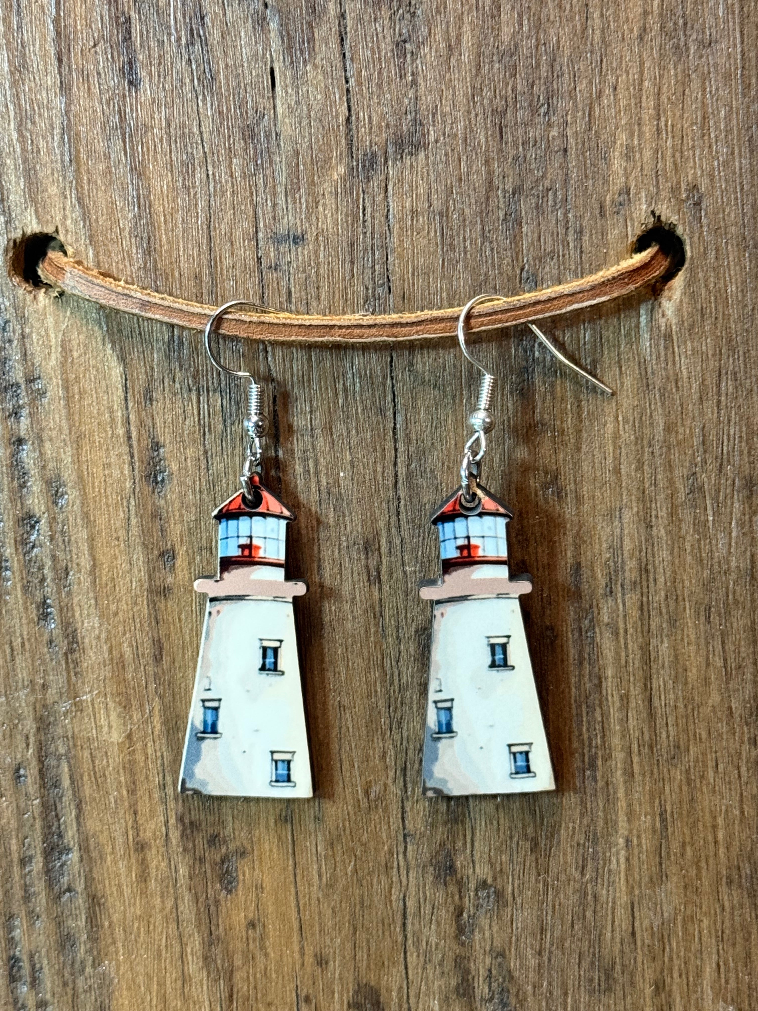 Lighthouse Wood Earrings – Nautical Coastal Dangle Earrings with Nickel Free Hooks