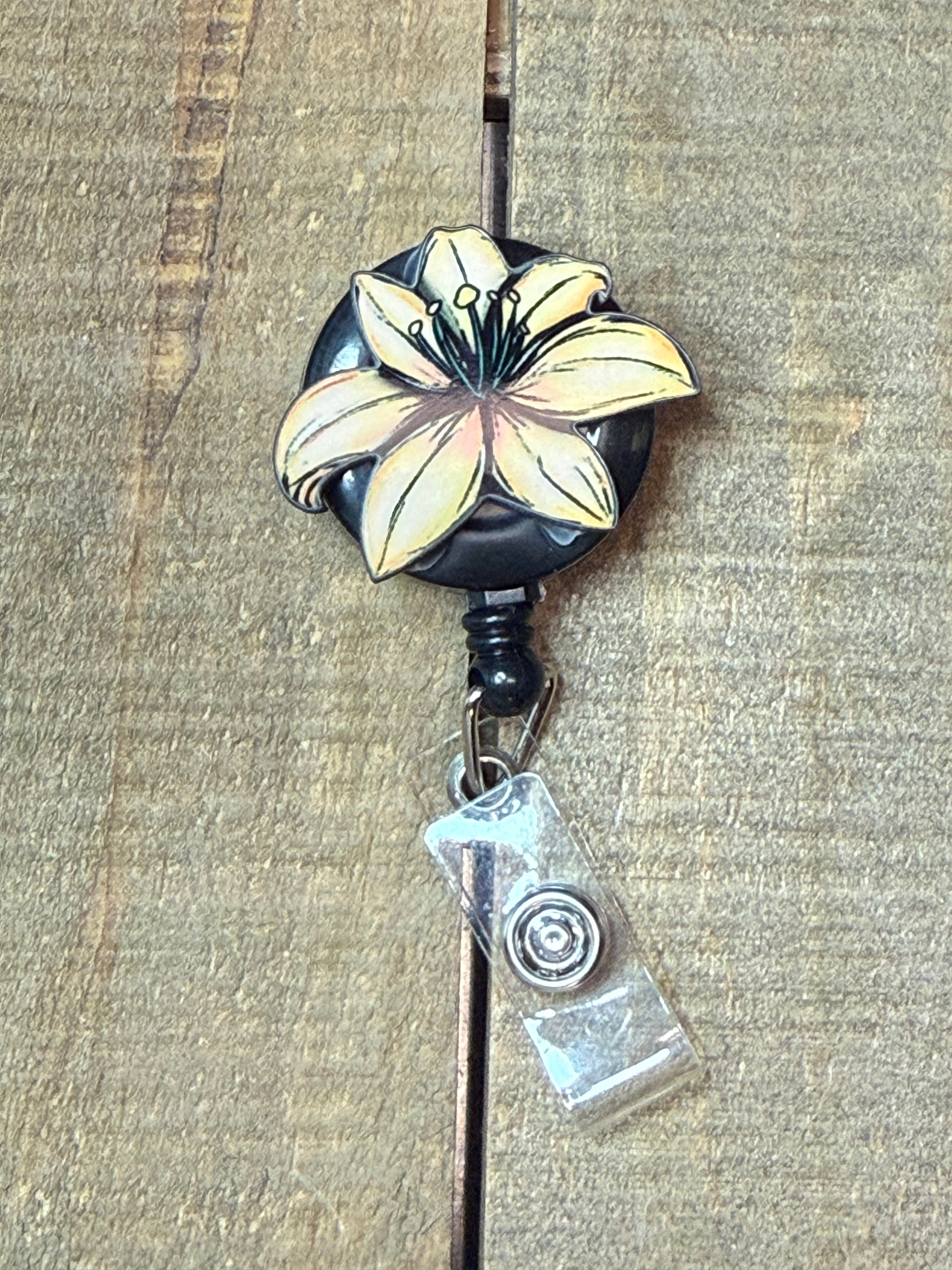 White Lily Wood Badge Reel | Handmade Floral ID Holder