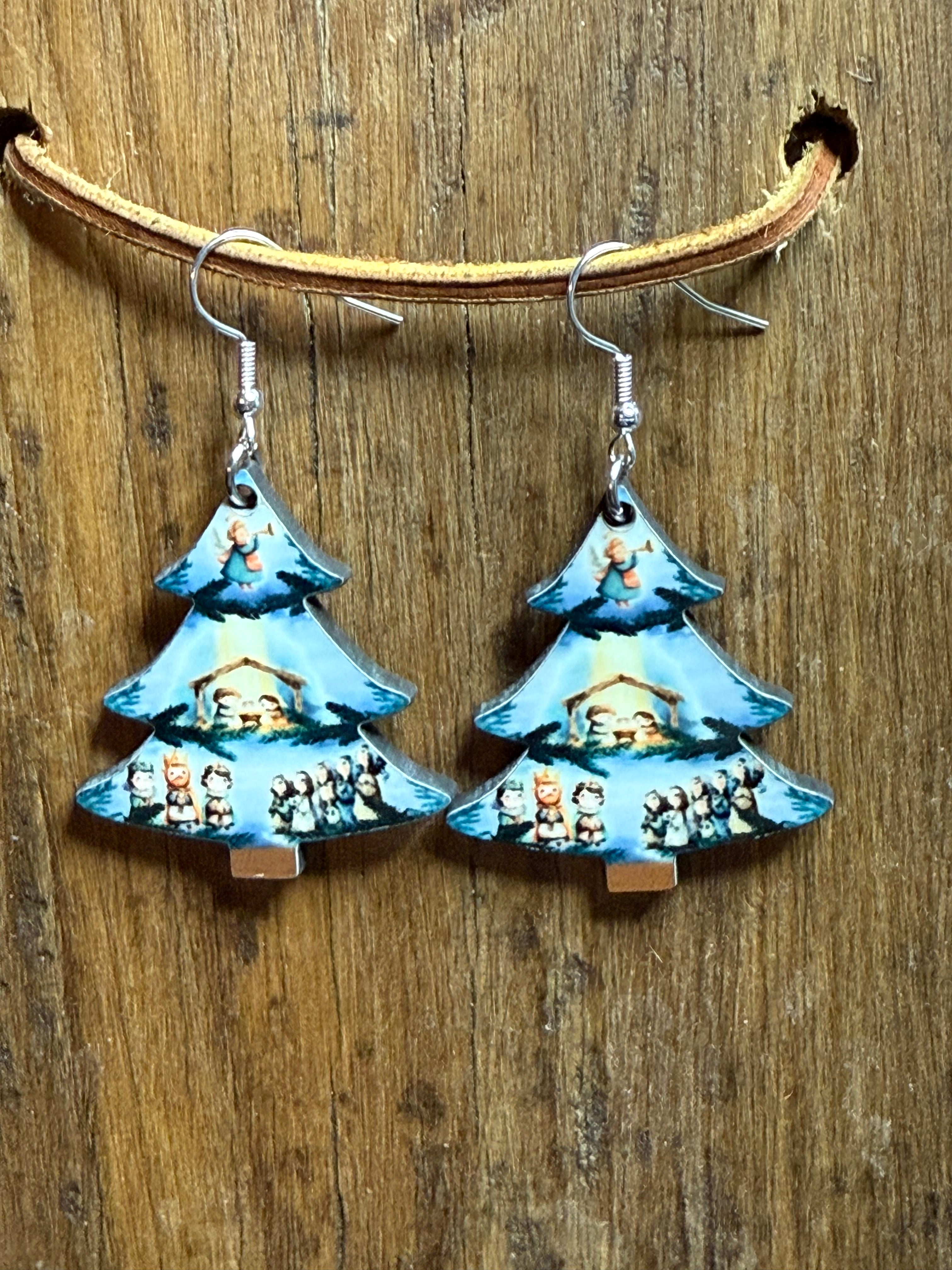 Nativity Christmas Tree Wood Earrings – Nickel-Free & Lightweight