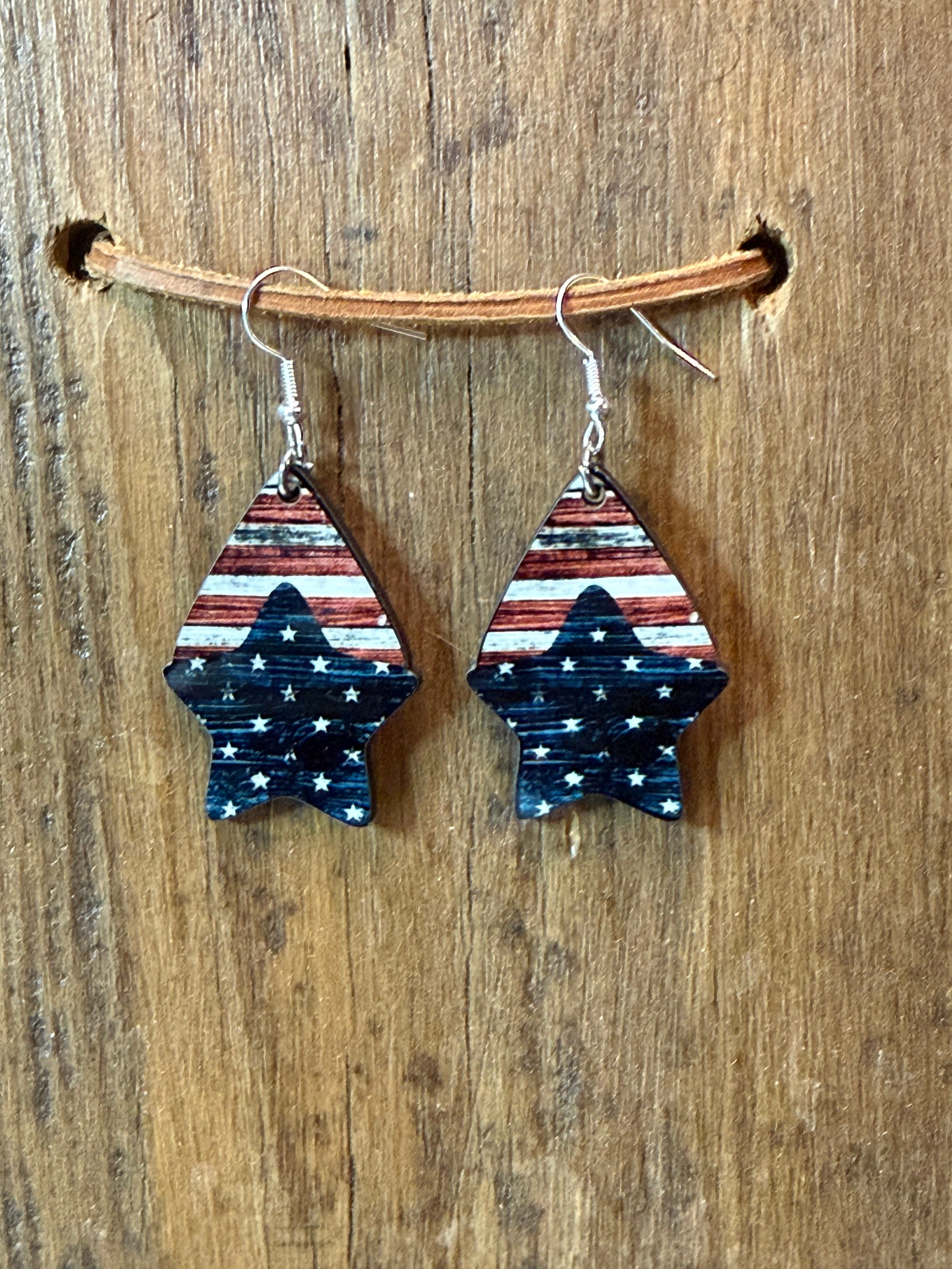 Patriotic Star Wood Earrings | American Flag Earrings