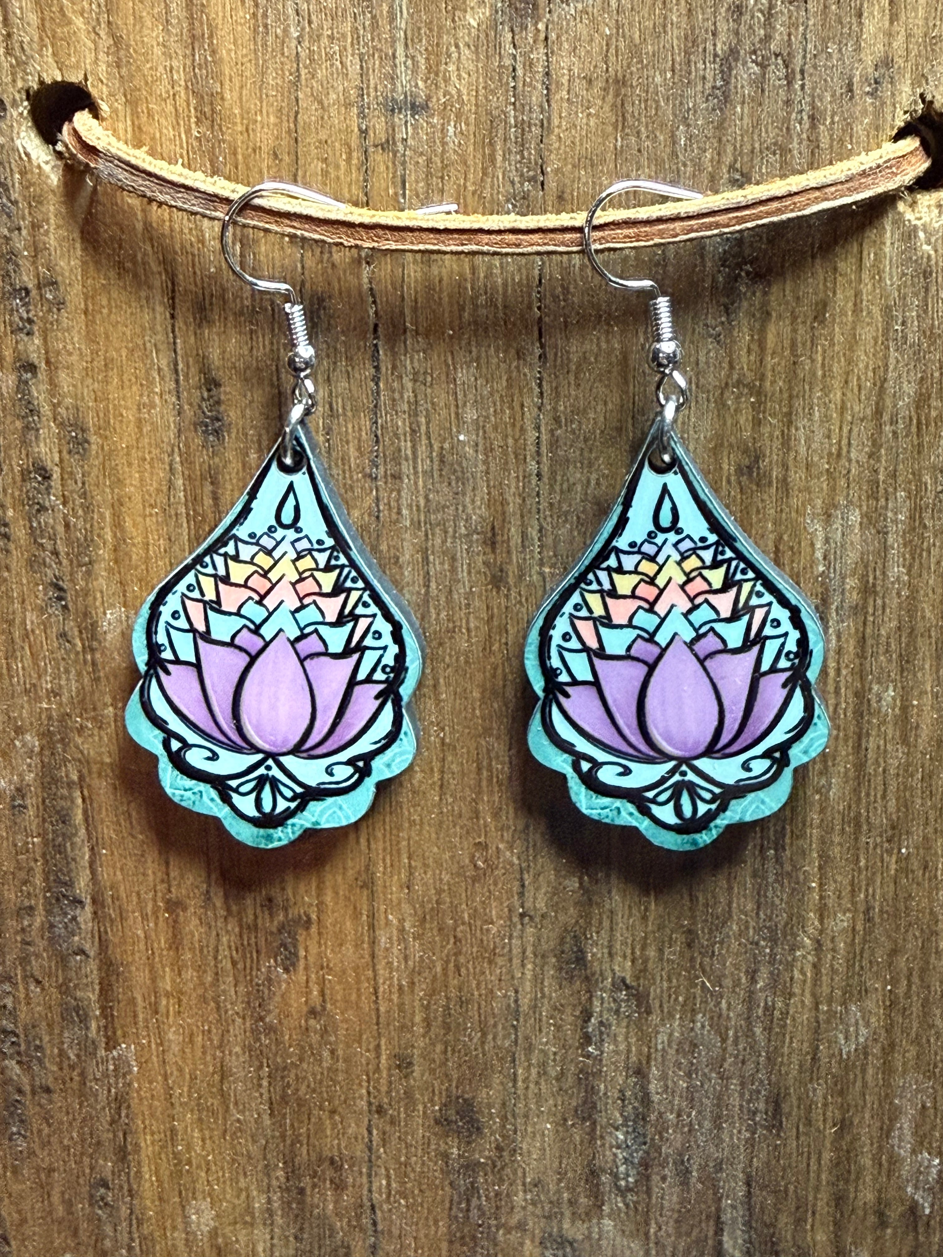 Boho Lotus Wood Earrings with Nickel Free Hooks – Colorful Floral Design