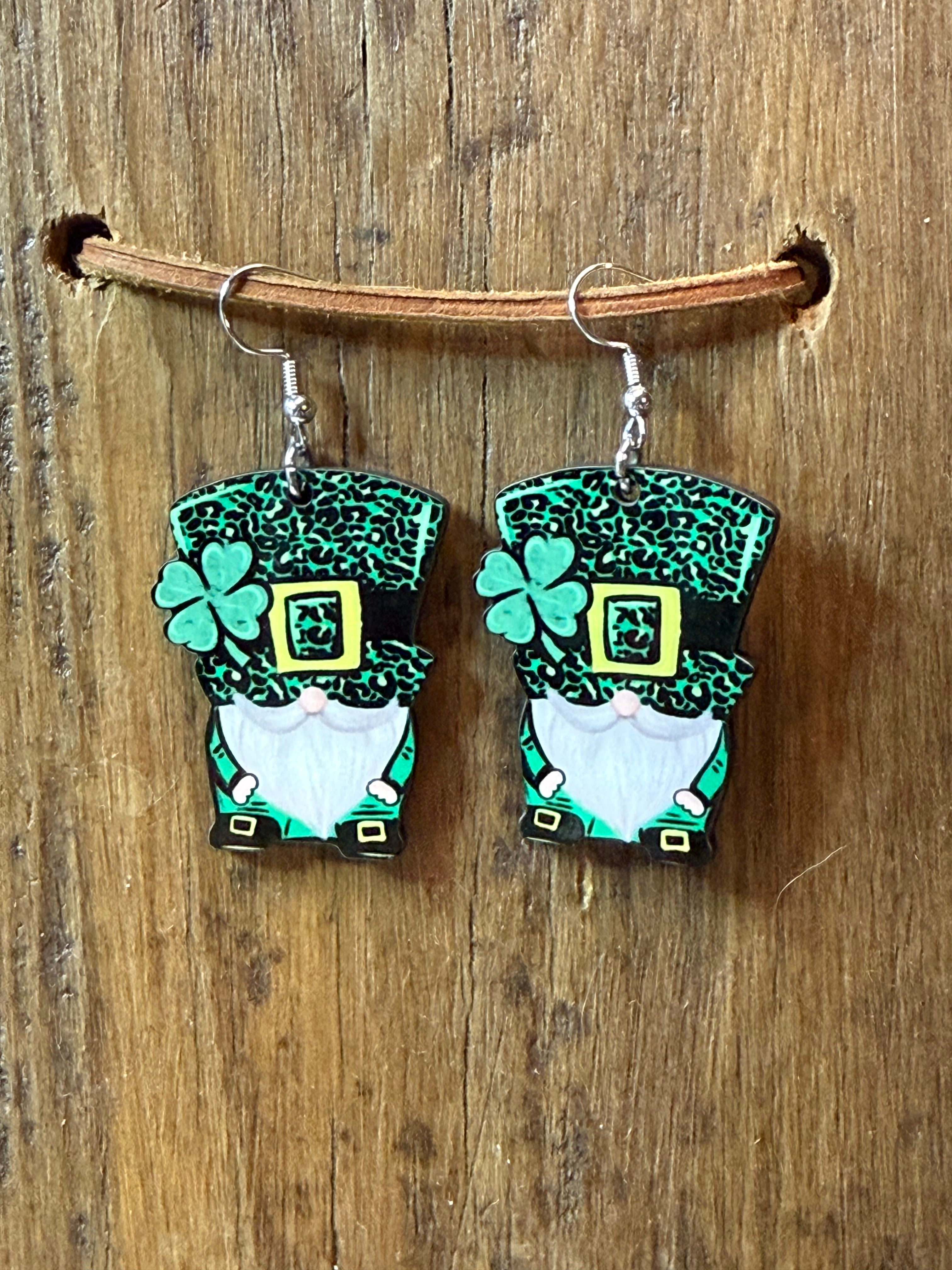 Shamrock Gnome Wood Earrings – Nickel-Free Metal | St. Patrick’s Day Dangle Earrings