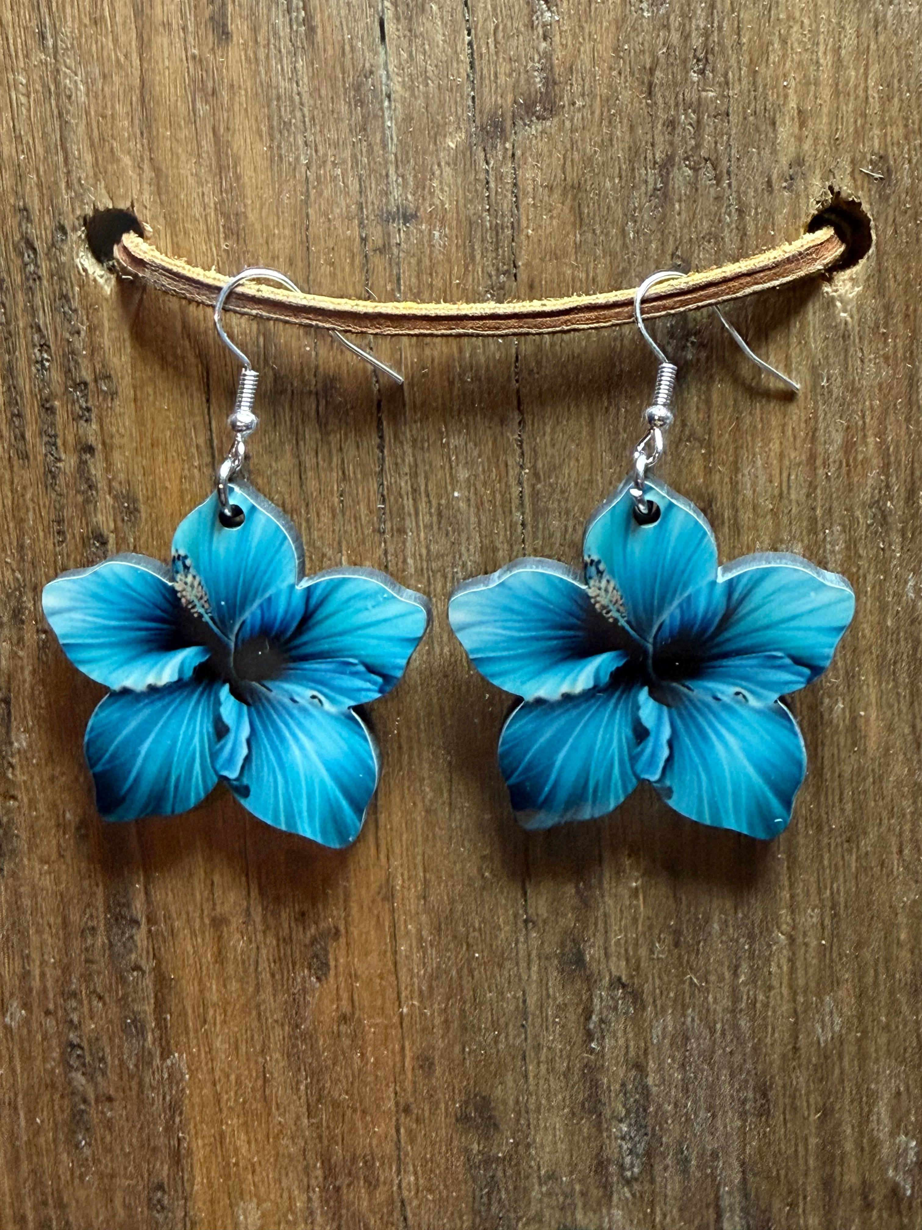 Blue Hibiscus Flower Wood Earrings | Tropical Floral Earrings | Lightweight Earrings with Nickel Free Hooks