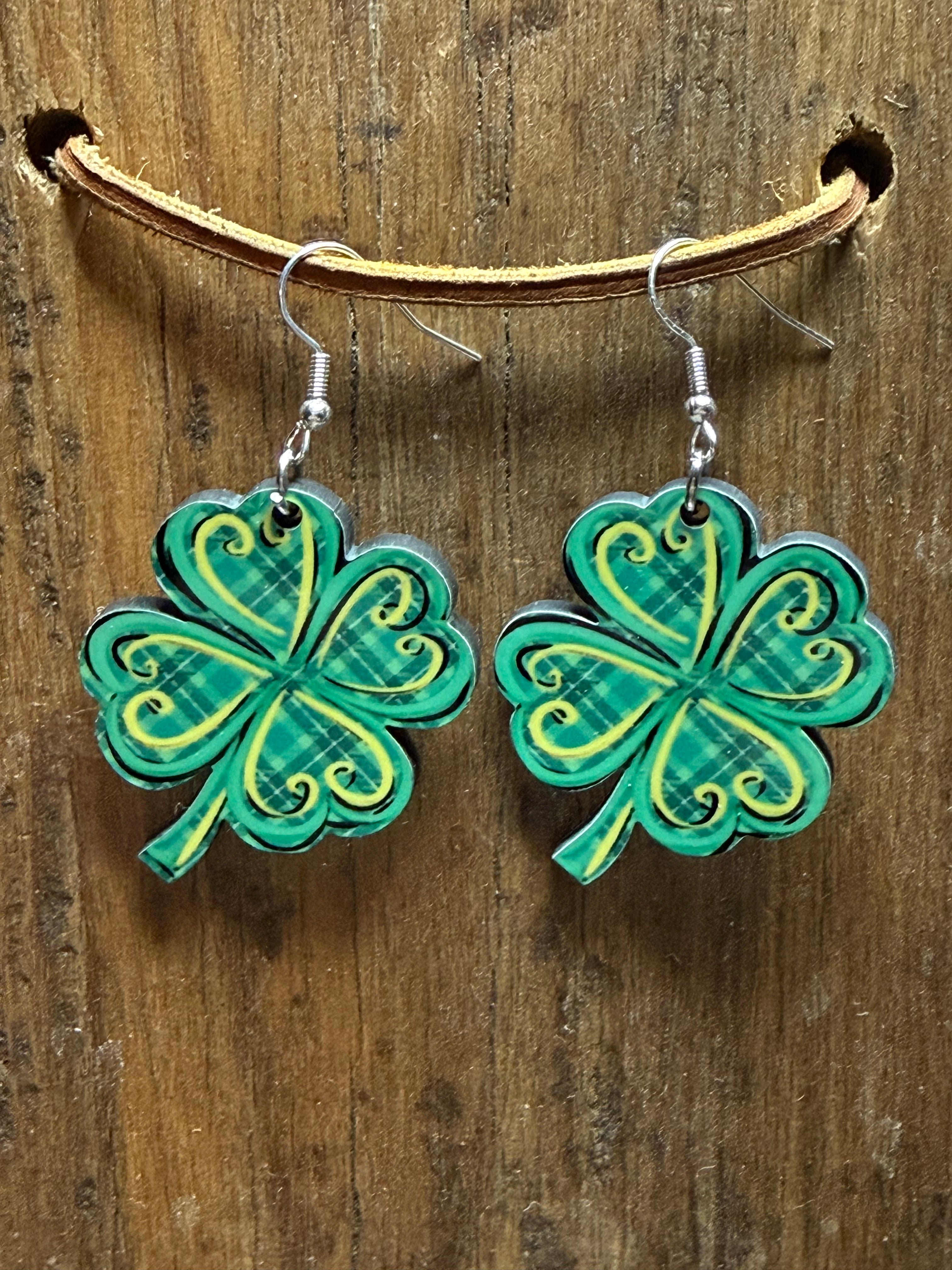 Shamrock Wood Earrings – Nickel Free Metal – St. Patrick’s Day Dangle Earrings