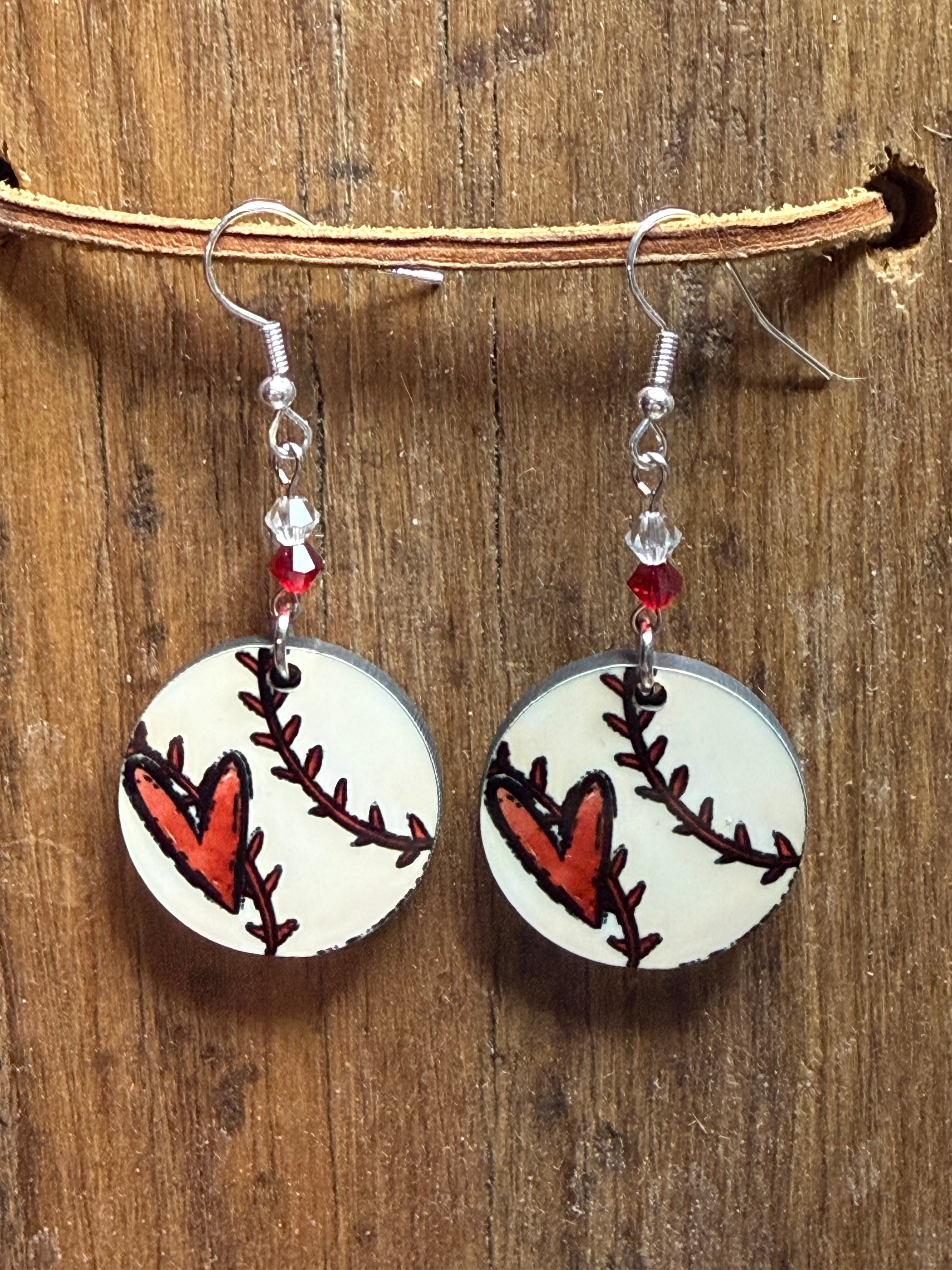Baseball Heart Wood Earrings | Handmade Sports Dangle Earrings | Cute Game Day Earrings