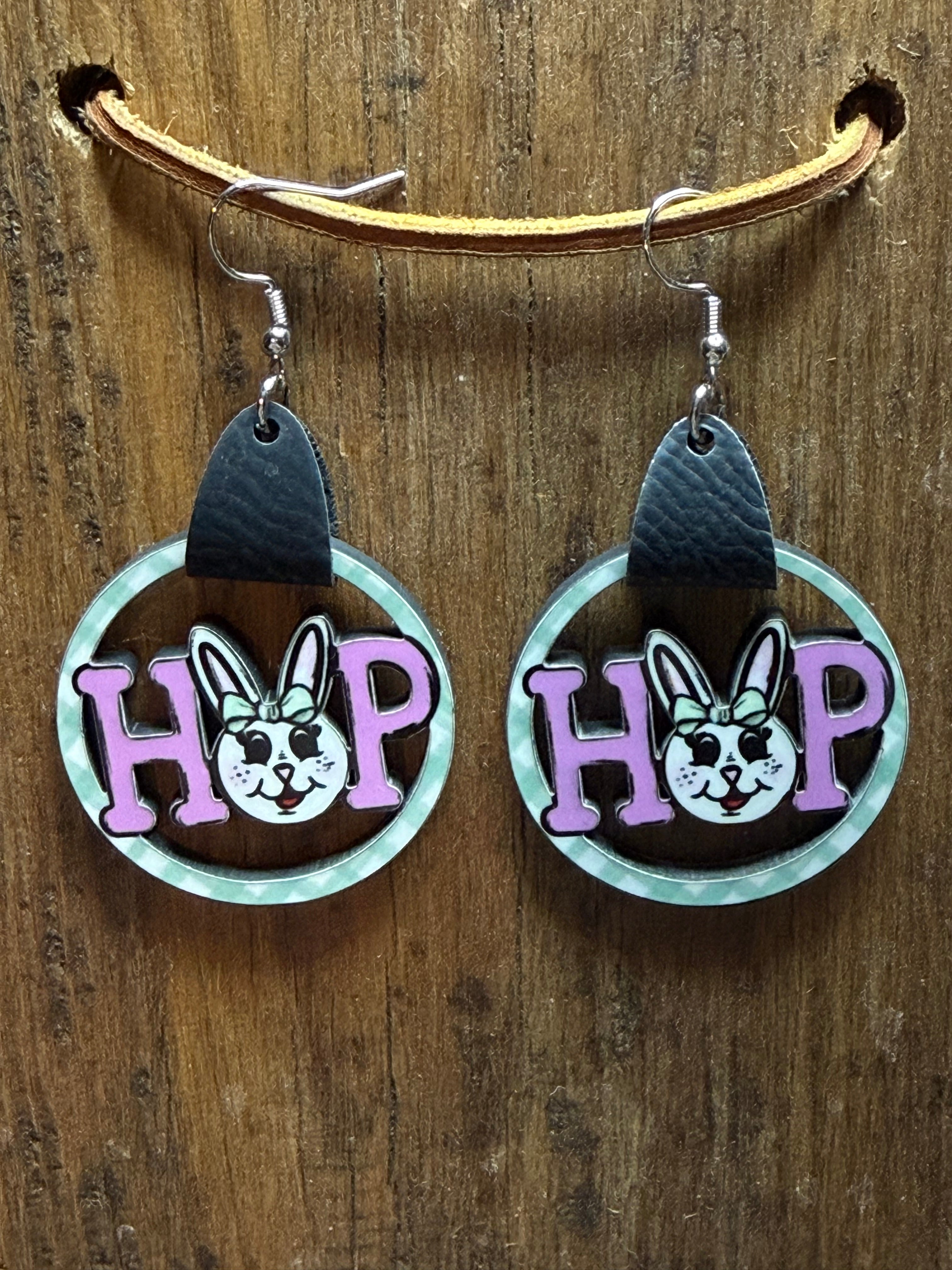 HOP Easter Wood Earrings with Faux Leather Straps – Nickel Free Hooks