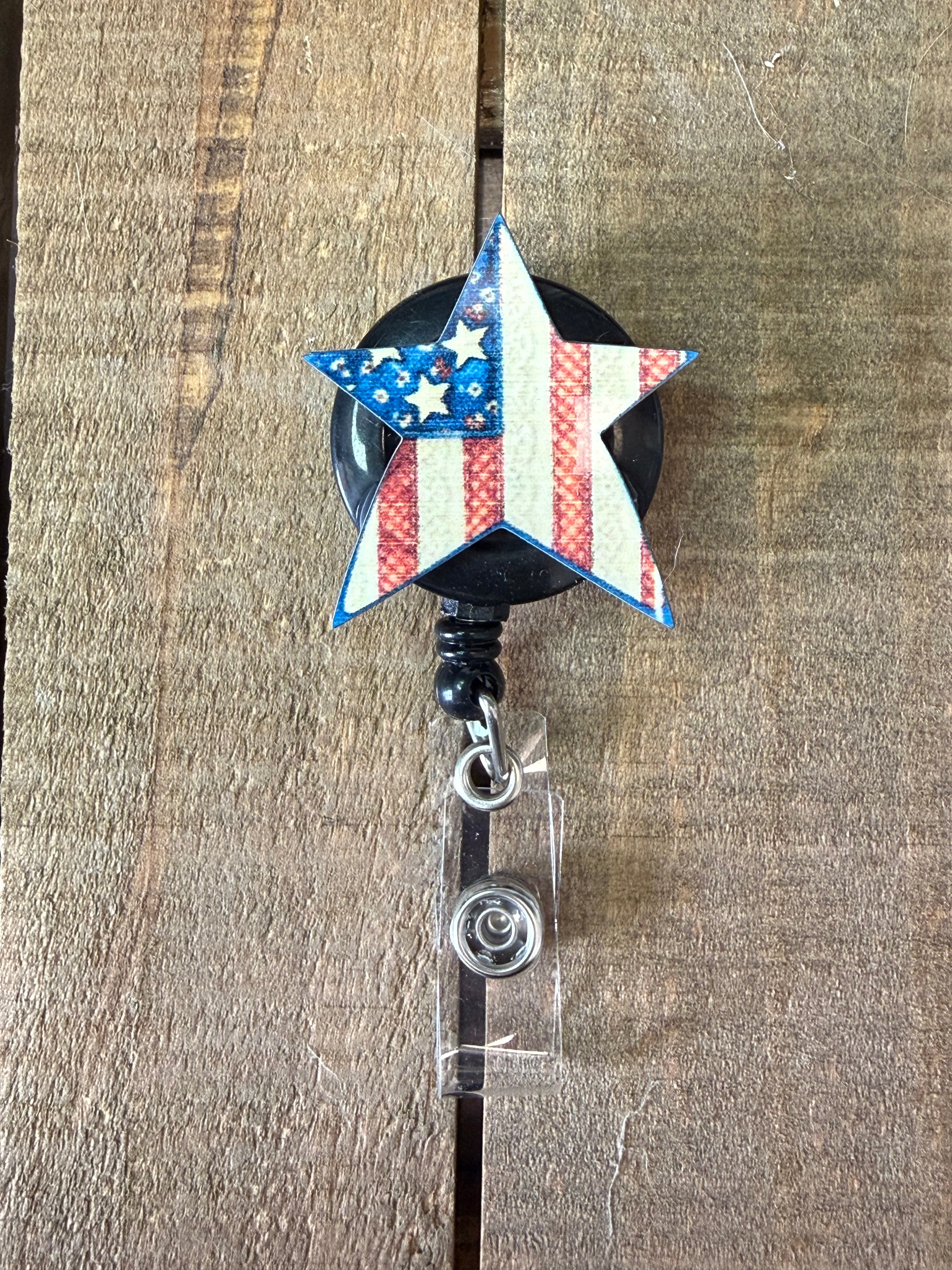 Patriotic American Flag Star Badge Reel | Retractable ID Holder