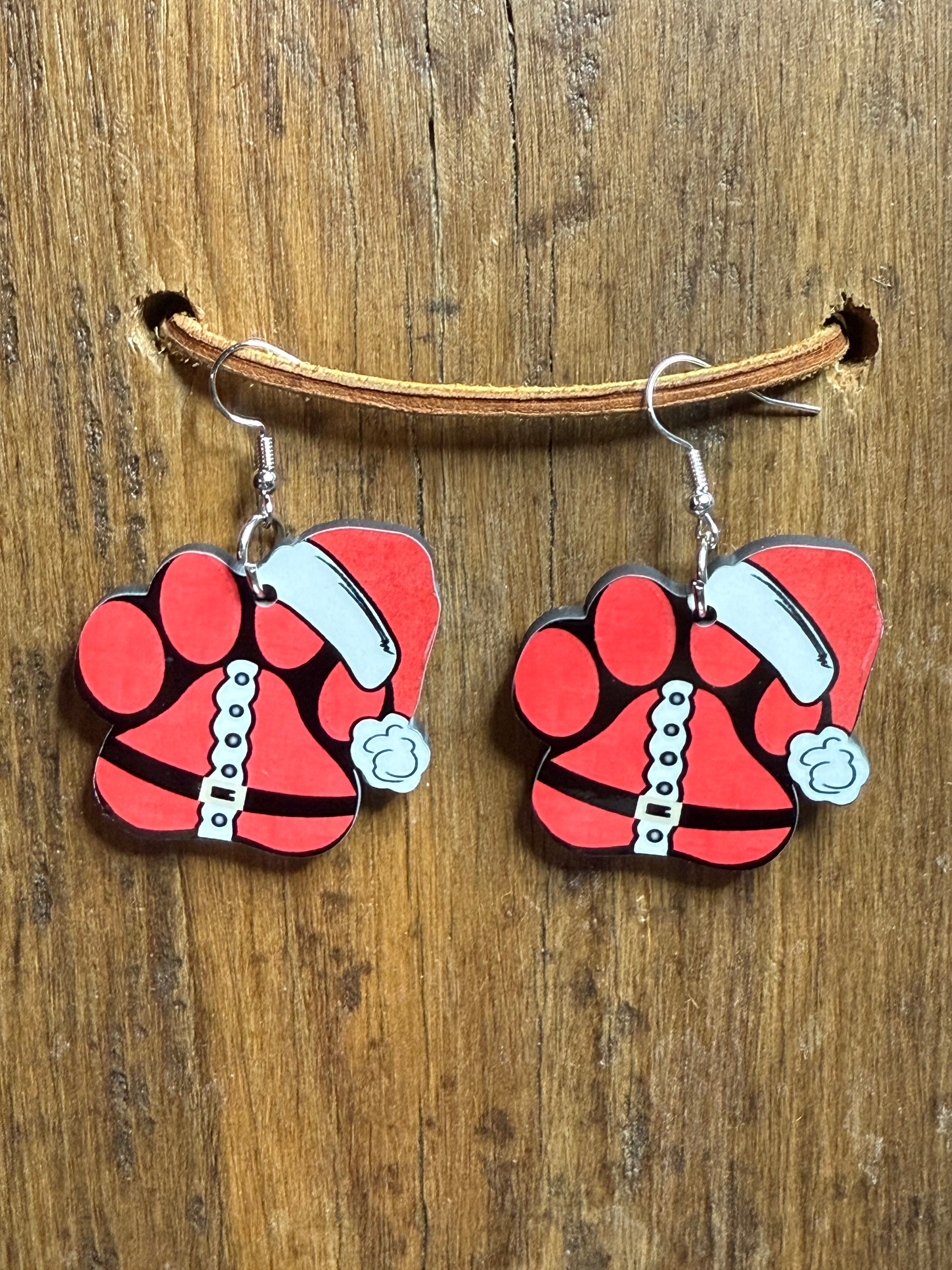 Santa Dog Paw Wood Earrings – Nickel Free
